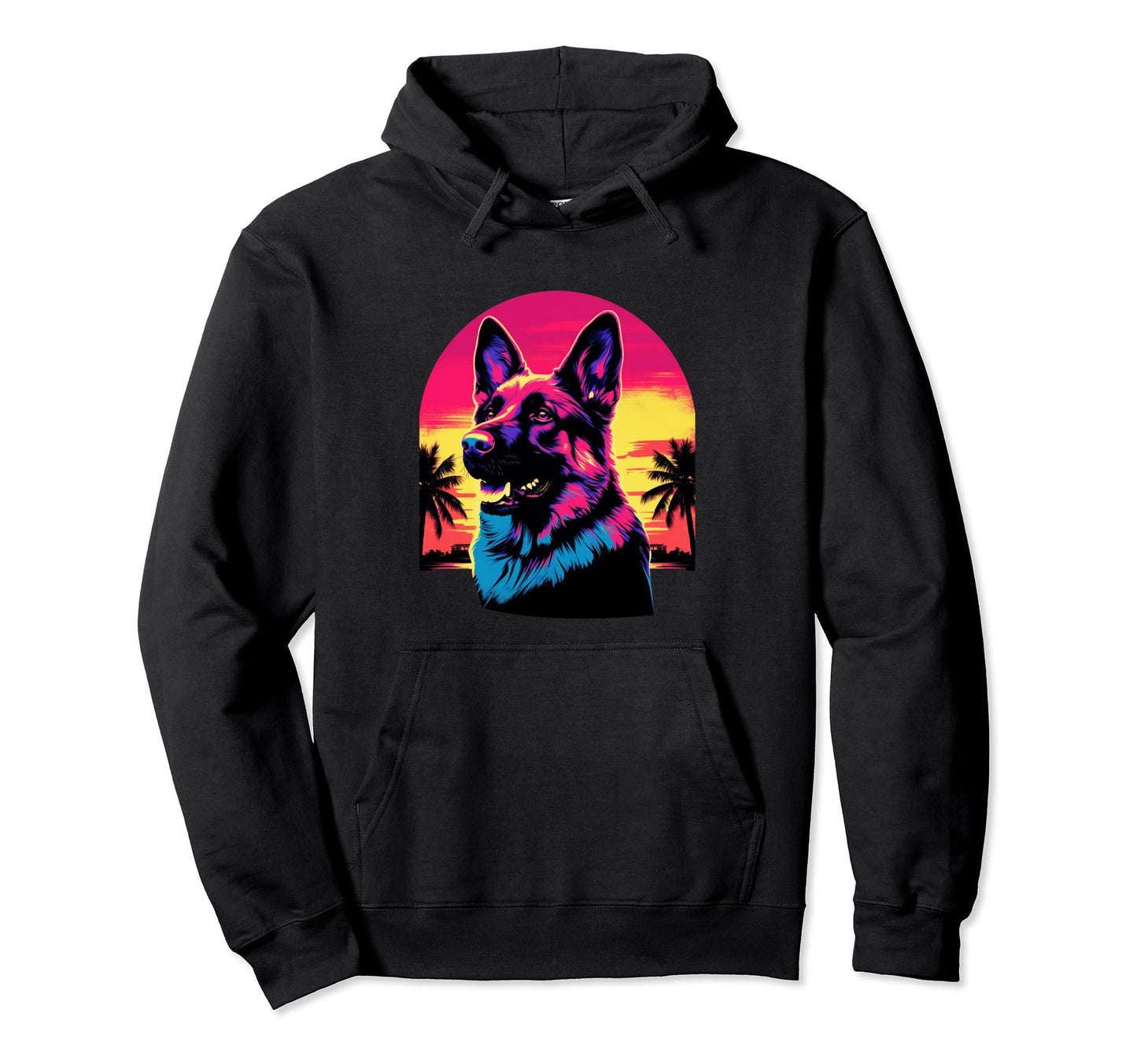 German Shepherd 80S Synthwave Sunset Hoodie - Fun Novelty Design Men Women - T-Shirt, Sweatshirt, Hoodie