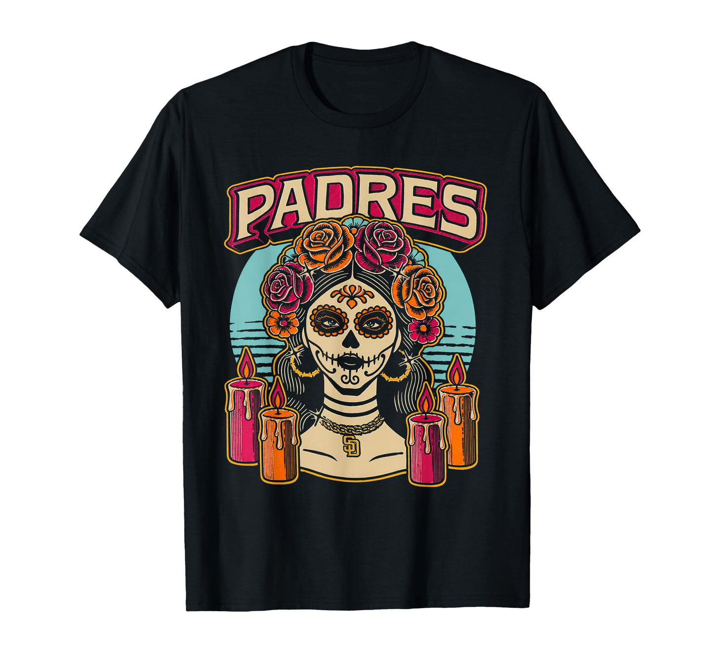 Padres Sugar Skull Catrina Roses T-Shirt - Novelty Apparel Men Women - T-Shirt, Sweatshirt, Hoodie