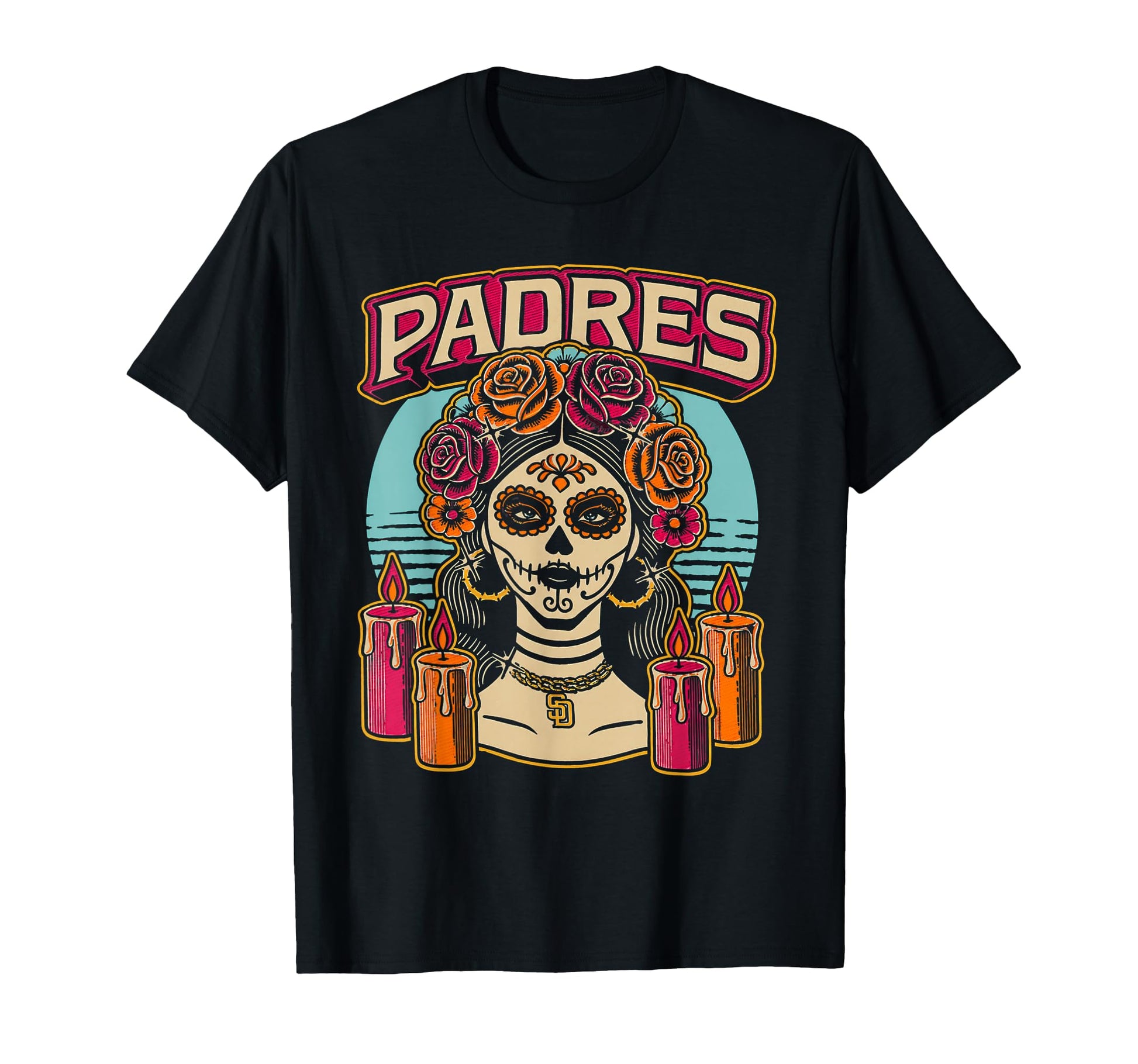 Padres Sugar Skull Catrina Roses T-Shirt - Novelty Apparel Men Women - T-Shirt, Sweatshirt, Hoodie
