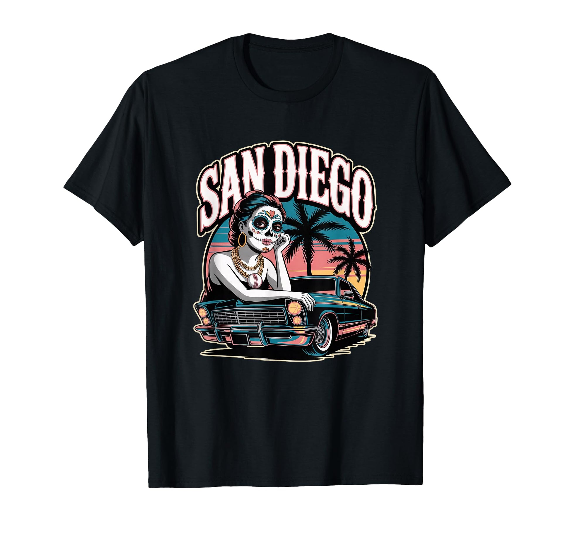 San Diego Sugar Skull Low Rider Baseball T-Shirt - Graphic Print Unisex - T-Shirt, Sweatshirt, Hoodie