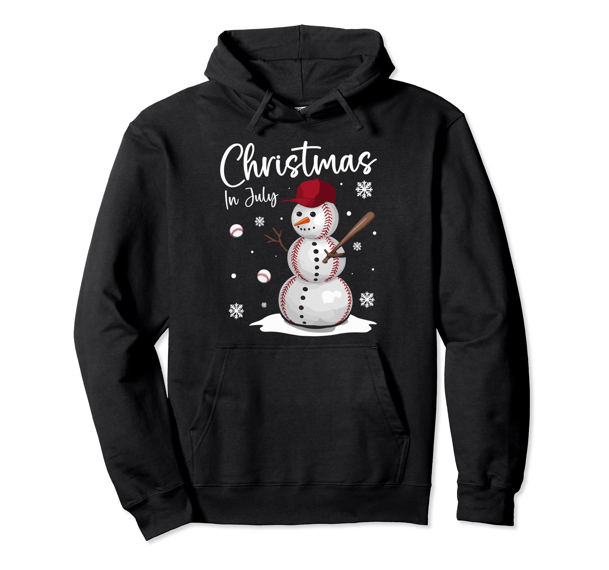 July Baseball Snowman Sports Summer Hoodie - Fun Novelty Design for Adults - T-Shirt, Sweatshirt, Hoodie