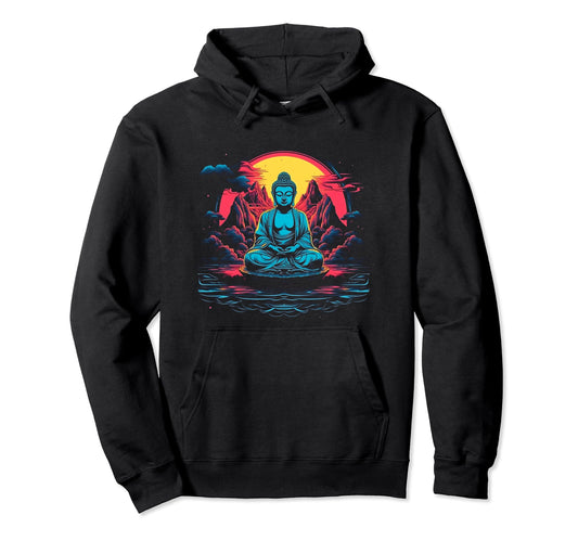 80S Synthwave Buddha Meditating Hoodie - Aesthetic Graphic for Adults - T-Shirt, Sweatshirt, Hoodie