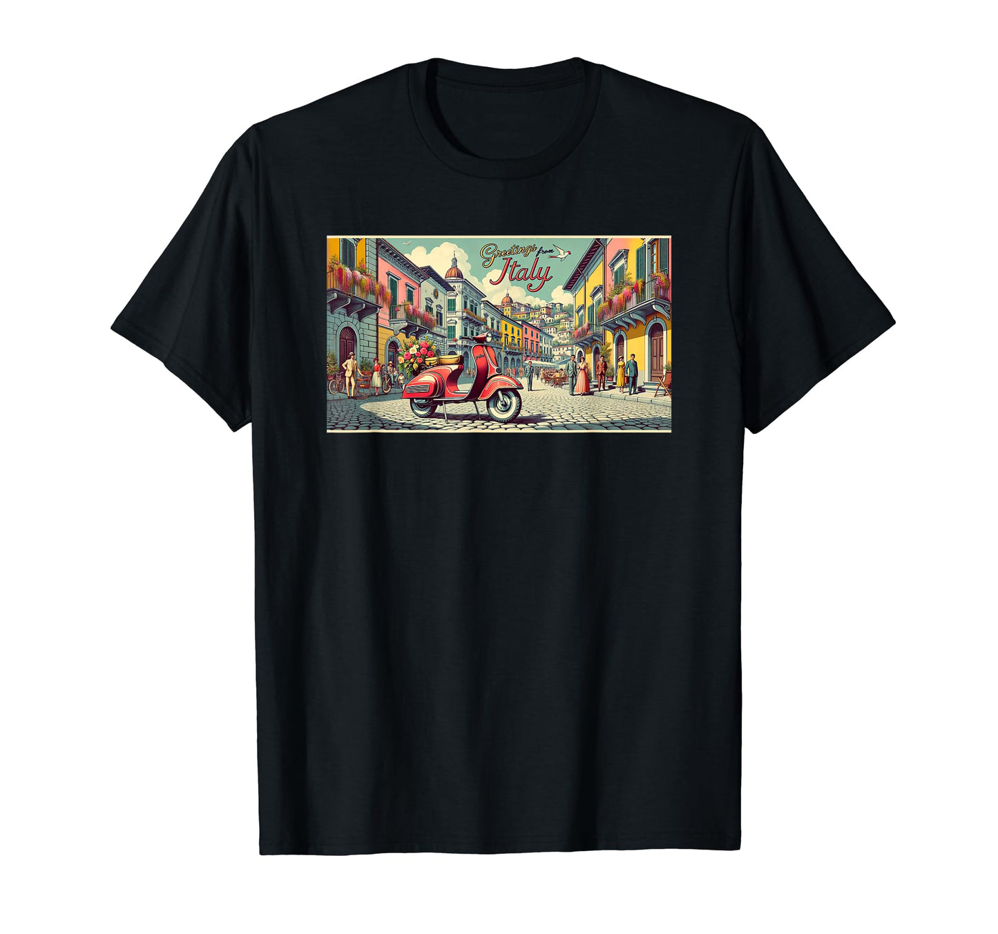 Postcard Italian Scooter Piazza Italy T-Shirt - Custom Art Print for Adults - T-Shirt, Sweatshirt, Hoodie