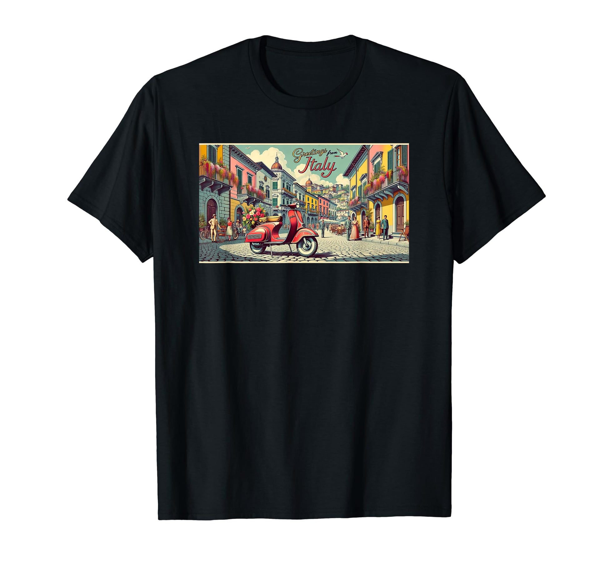 Postcard Italian Scooter Piazza Italy T-Shirt - Custom Art Print for Adults - T-Shirt, Sweatshirt, Hoodie