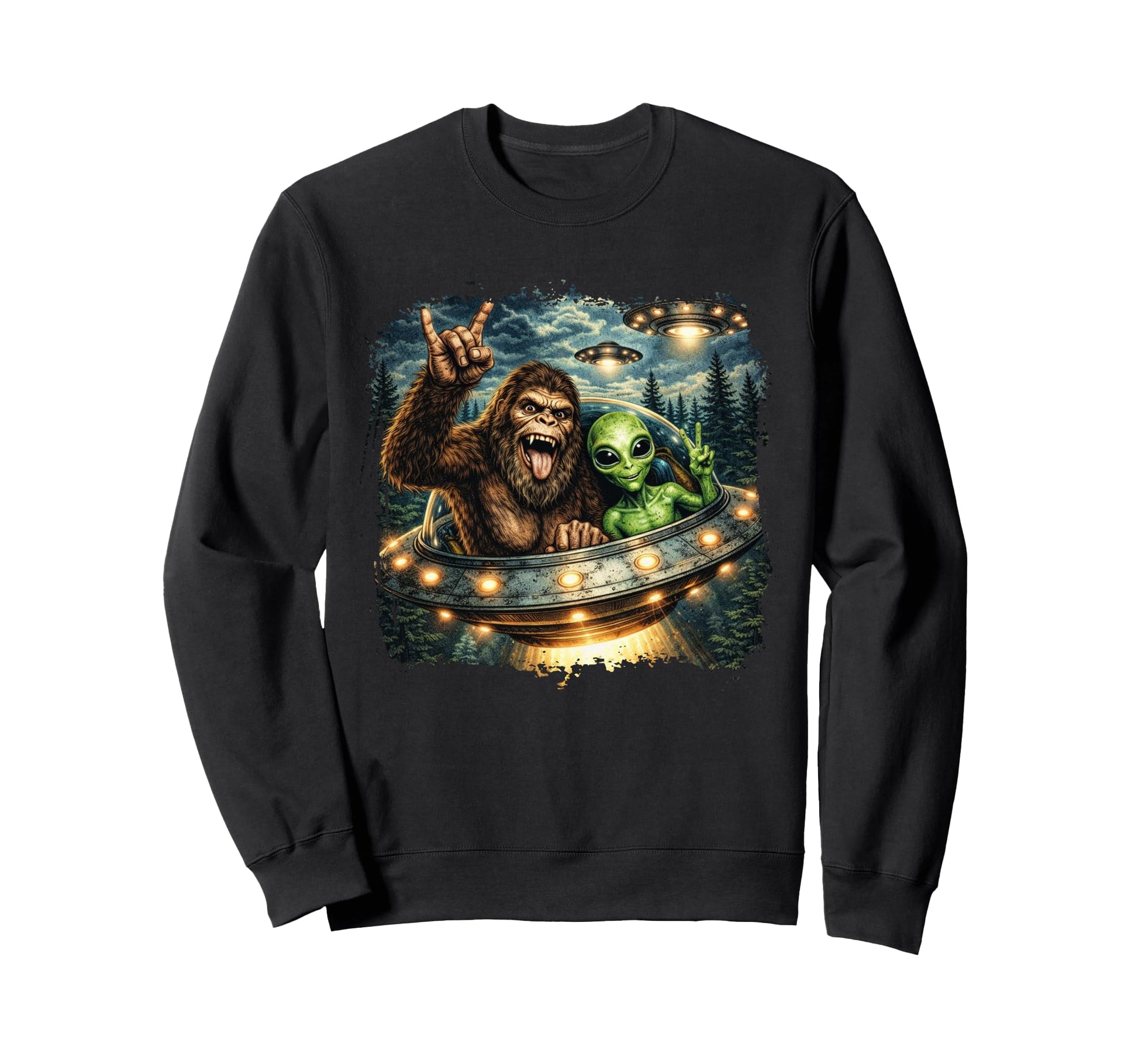 Bigfoot Alien Rock Hand Sign Ufo Sweatshirt - Graphic Print Men Women - T-Shirt, Sweatshirt, Hoodie