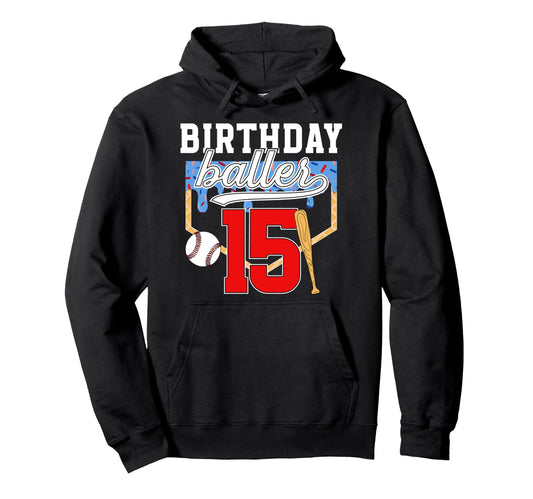 15Th Baseball Birthday 15 Year Old Hoodie - Custom Art Print Unisex - T-Shirt, Sweatshirt, Hoodie
