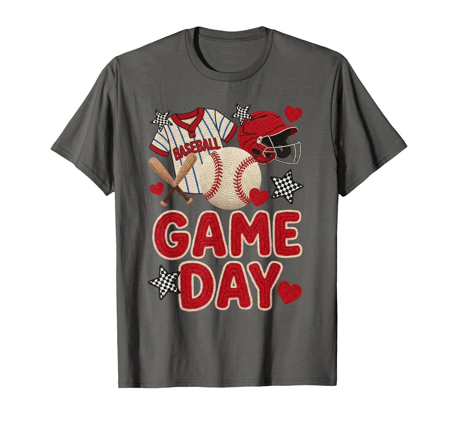 Faux Crochet Baseball Spirit Red Hearts T-Shirt - Graphic Print for Adults - T-Shirt, Sweatshirt, Hoodie
