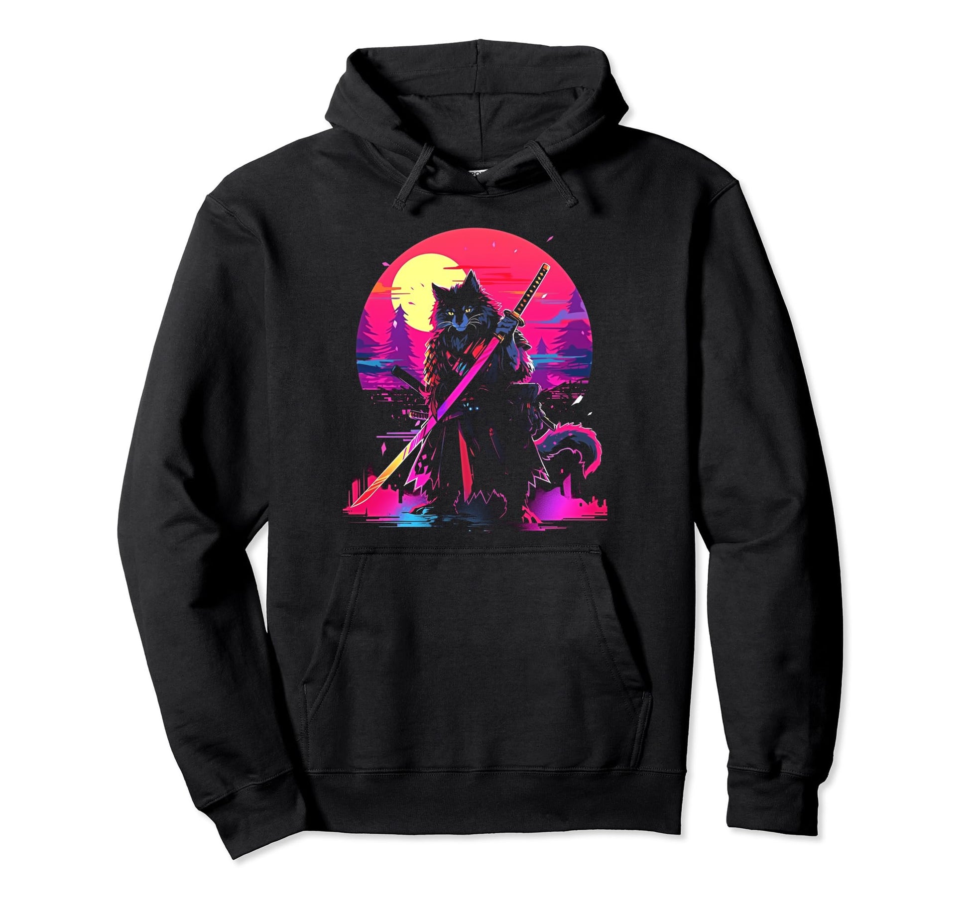 Synthwave Cat Samurai Mediation Hoodie - Trendy Graphic for Adults - T-Shirt, Sweatshirt, Hoodie