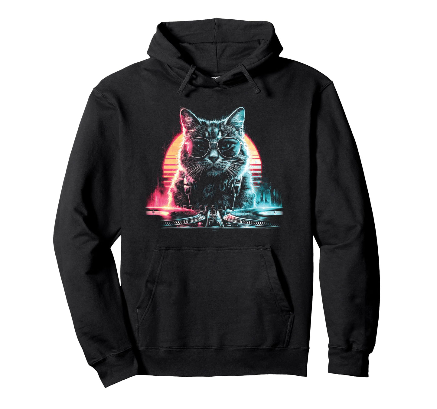 Synthwave Cat Dj 80S Music Party Art Hoodie - Unique Graphic Men Women - T-Shirt, Sweatshirt, Hoodie