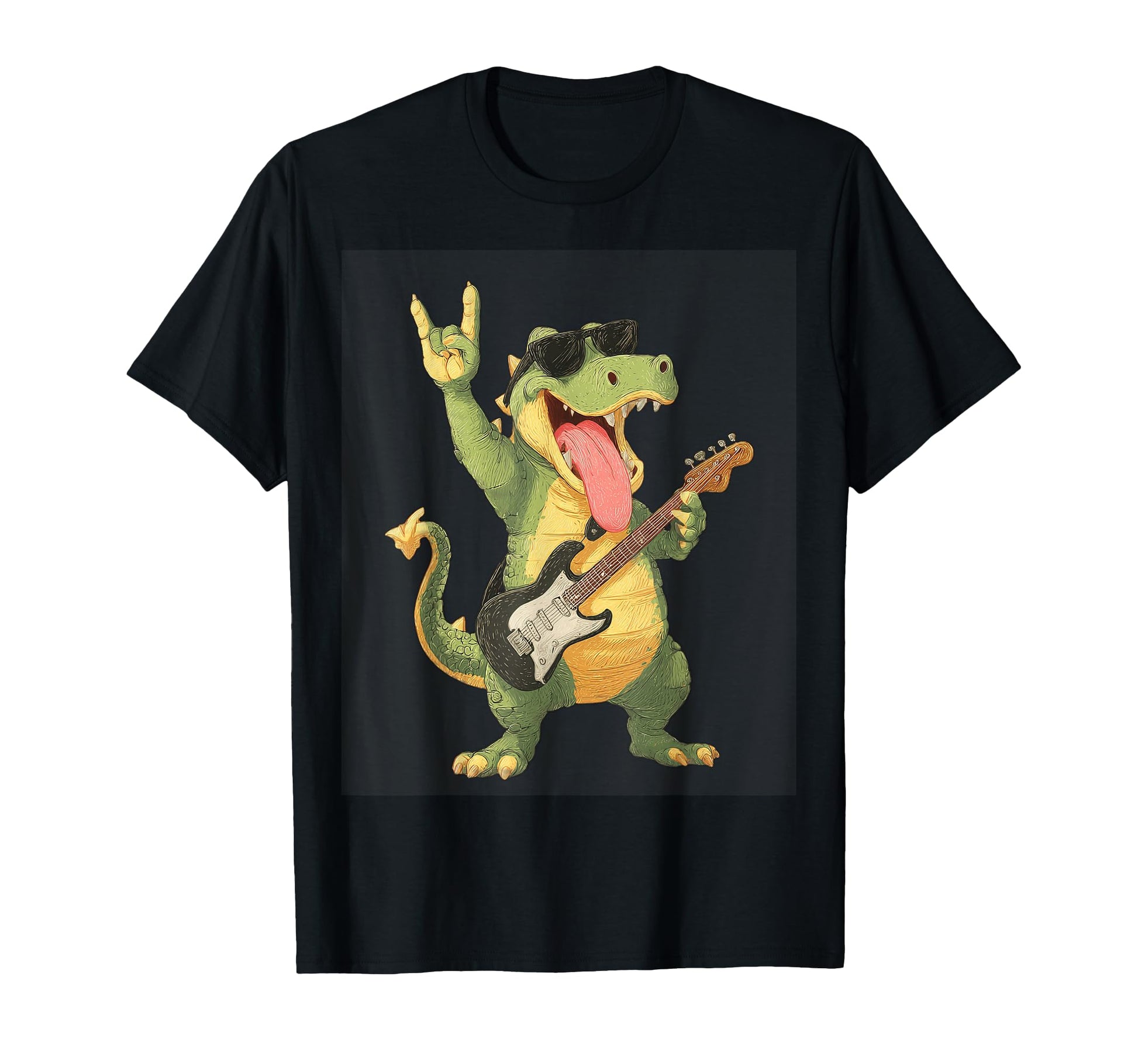 Dinosaur Rockstar Guitarist Funny T-Shirt - Graphic Print Unisex - T-Shirt, Sweatshirt, Hoodie