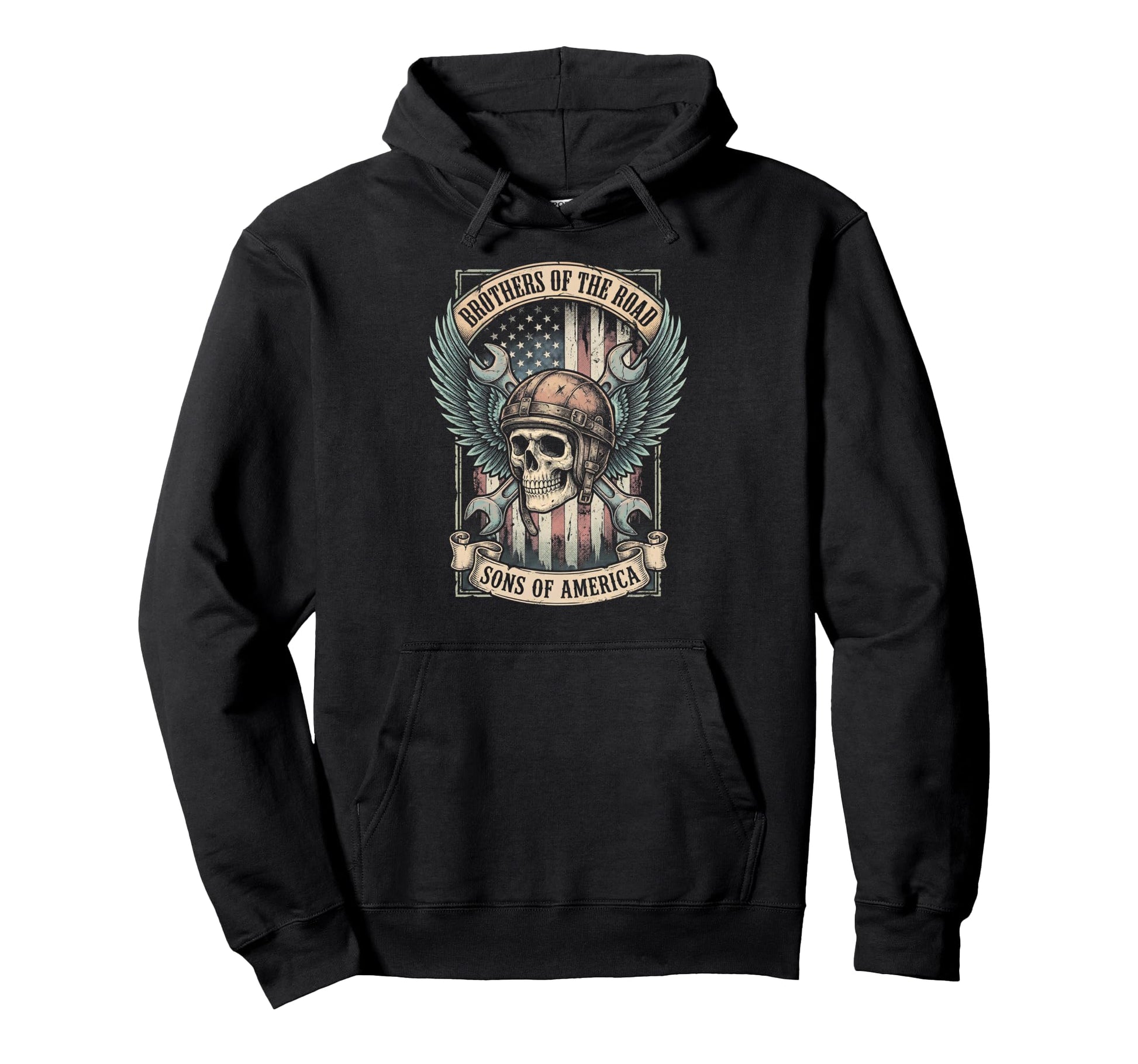 Biker Skull Mechanic American Flag Hoodie - Unique Graphic Unisex - T-Shirt, Sweatshirt, Hoodie