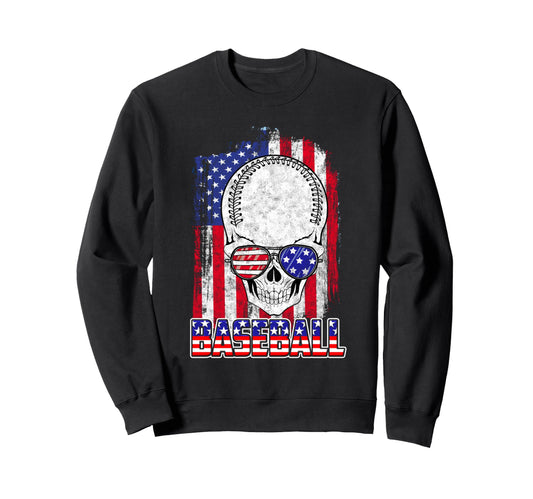 Baseball American Flag Skull Sweatshirt - Graphic Print for Adults - T-Shirt, Sweatshirt, Hoodie