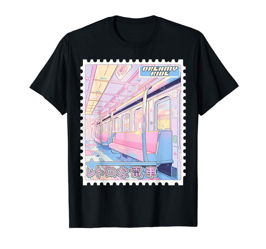 90S Anime Train Postage Stamp Pastel T-Shirt - Custom Art Print Men Women - T-Shirt, Sweatshirt, Hoodie