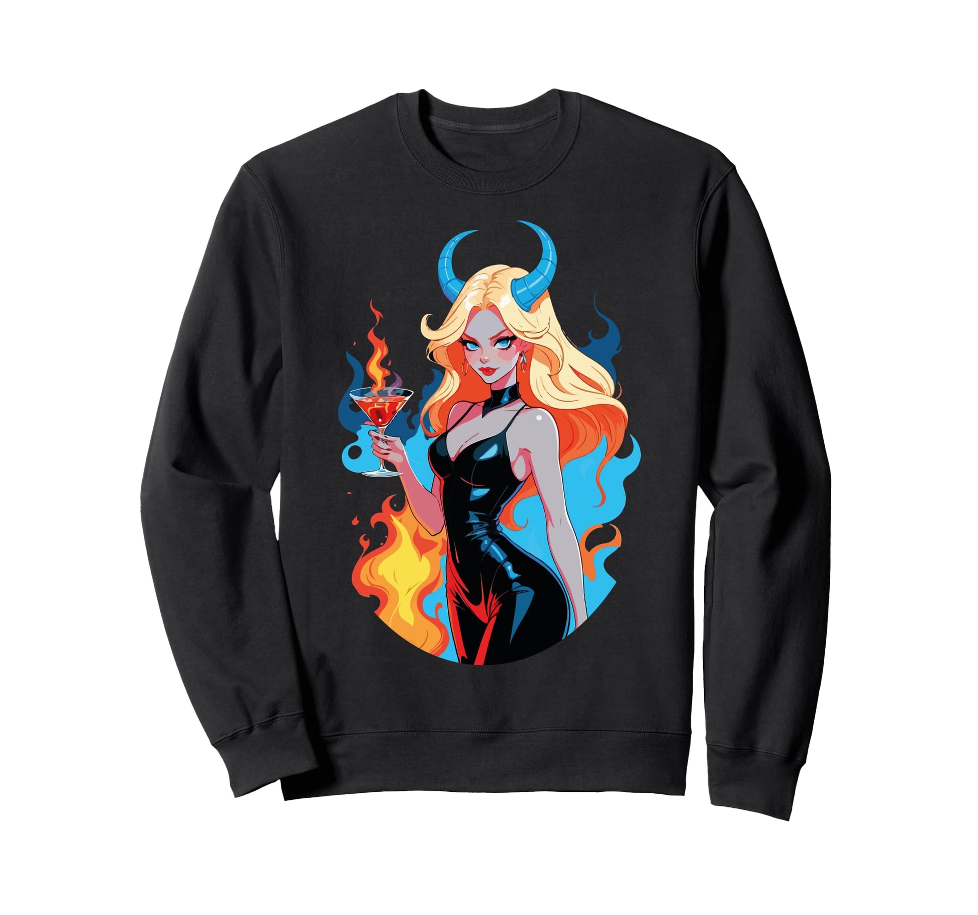 Edgy Fiery Pinup Devilish Horns Sweatshirt - Novelty Apparel for Adults - T-Shirt, Sweatshirt, Hoodie