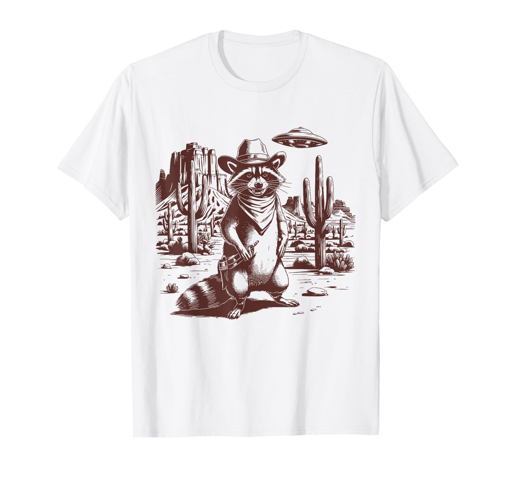 Raccoon Ufo Western Alien 90S Cowboy T-Shirt - Casual Everyday Wear Unisex - T-Shirt, Sweatshirt, Hoodie