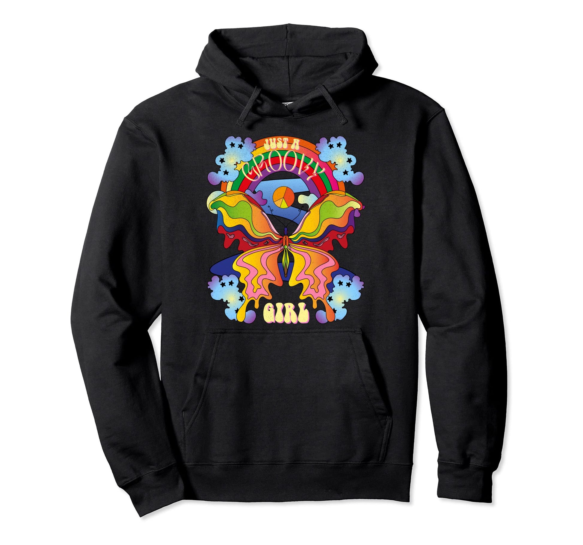 Just Groovy Rainbow Butterfly Hippie Hoodie - Casual Everyday Wear Unisex - T-Shirt, Sweatshirt, Hoodie