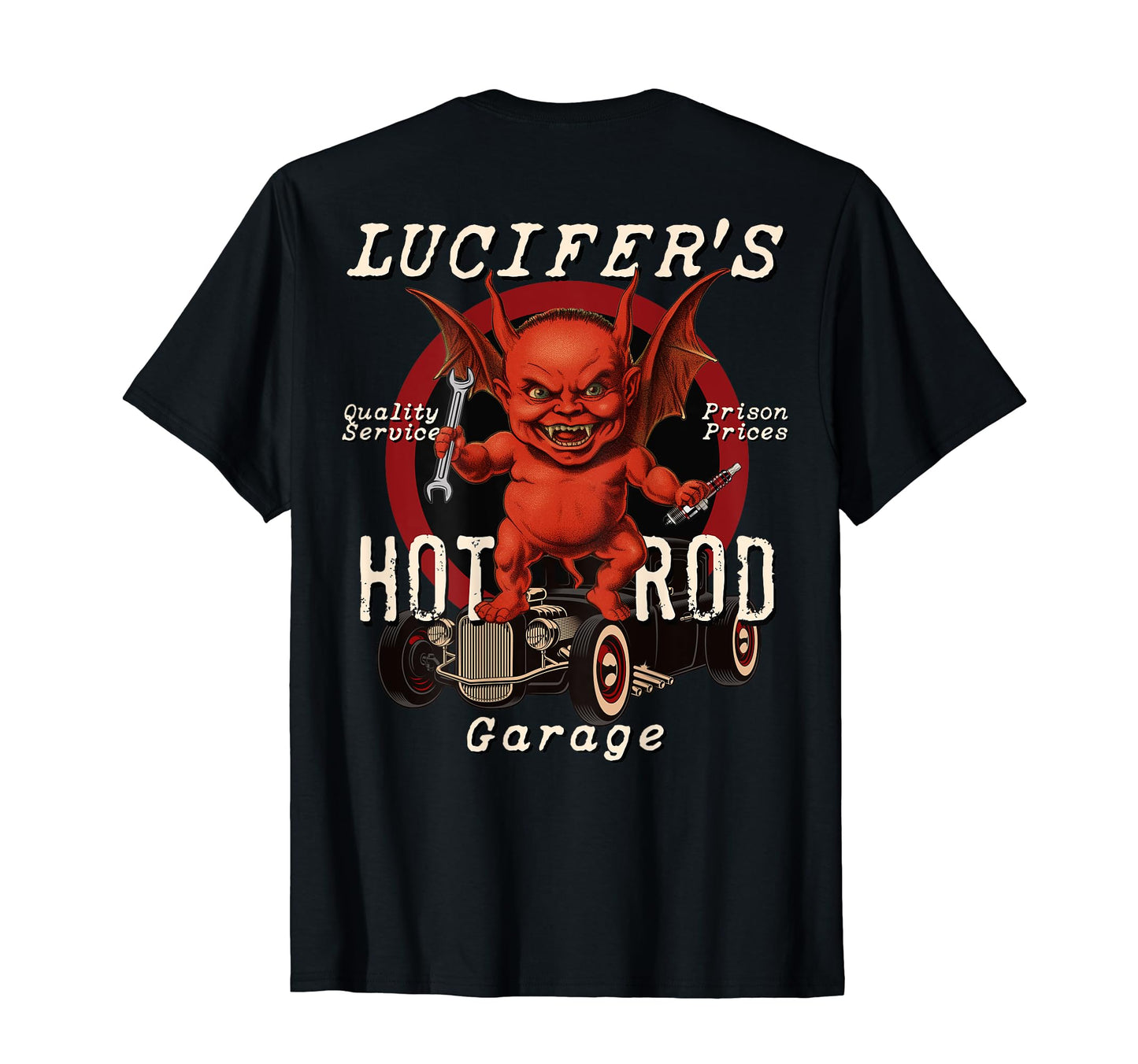Lucifers Hot Rod Garage Fat Devil T-Shirt - Fun Novelty Design Men Women - T-Shirt, Sweatshirt, Hoodie