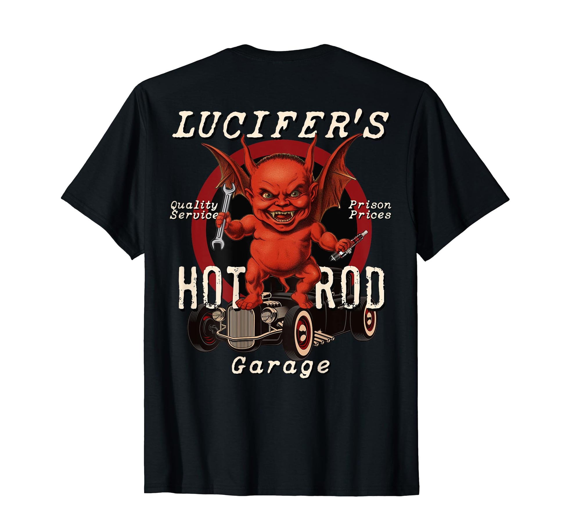 Lucifers Hot Rod Garage Fat Devil T-Shirt - Fun Novelty Design Men Women - T-Shirt, Sweatshirt, Hoodie