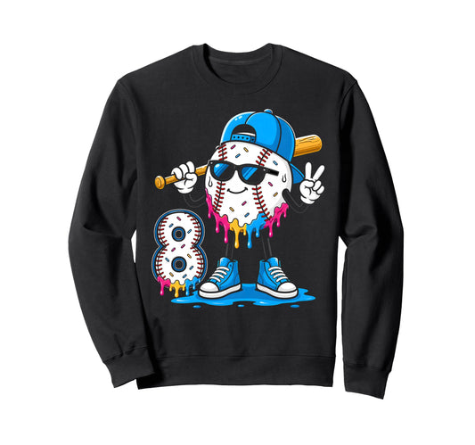 8Th Birthday Baseball Ice Cream Drip Sweatshirt - Unique Graphic Men Women - T-Shirt, Sweatshirt, Hoodie