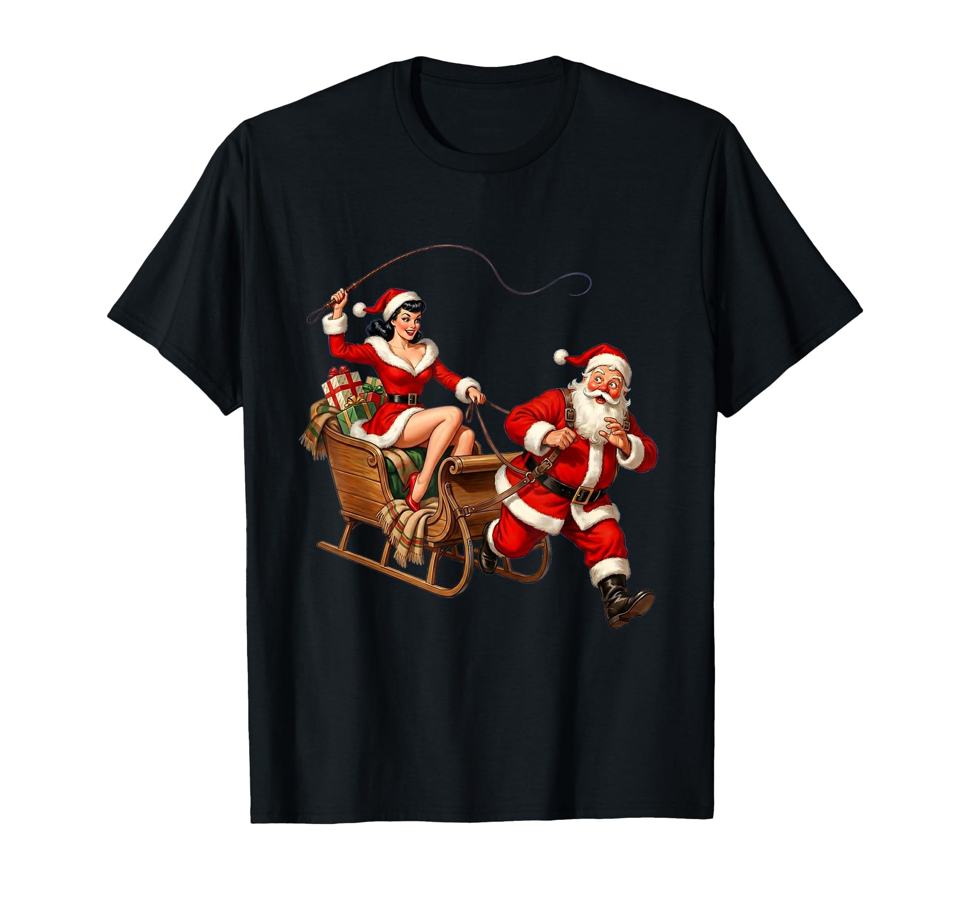 Pinup Santa Sleigh Funny Couples Whip T-Shirt - Casual Everyday Wear Unisex - T-Shirt, Sweatshirt, Hoodie