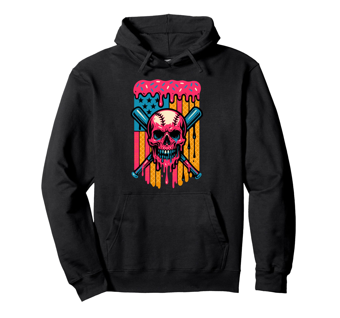 Dripping Baseball Skull Usa Flag Hoodie - Aesthetic Graphic Unisex - T-Shirt, Sweatshirt, Hoodie