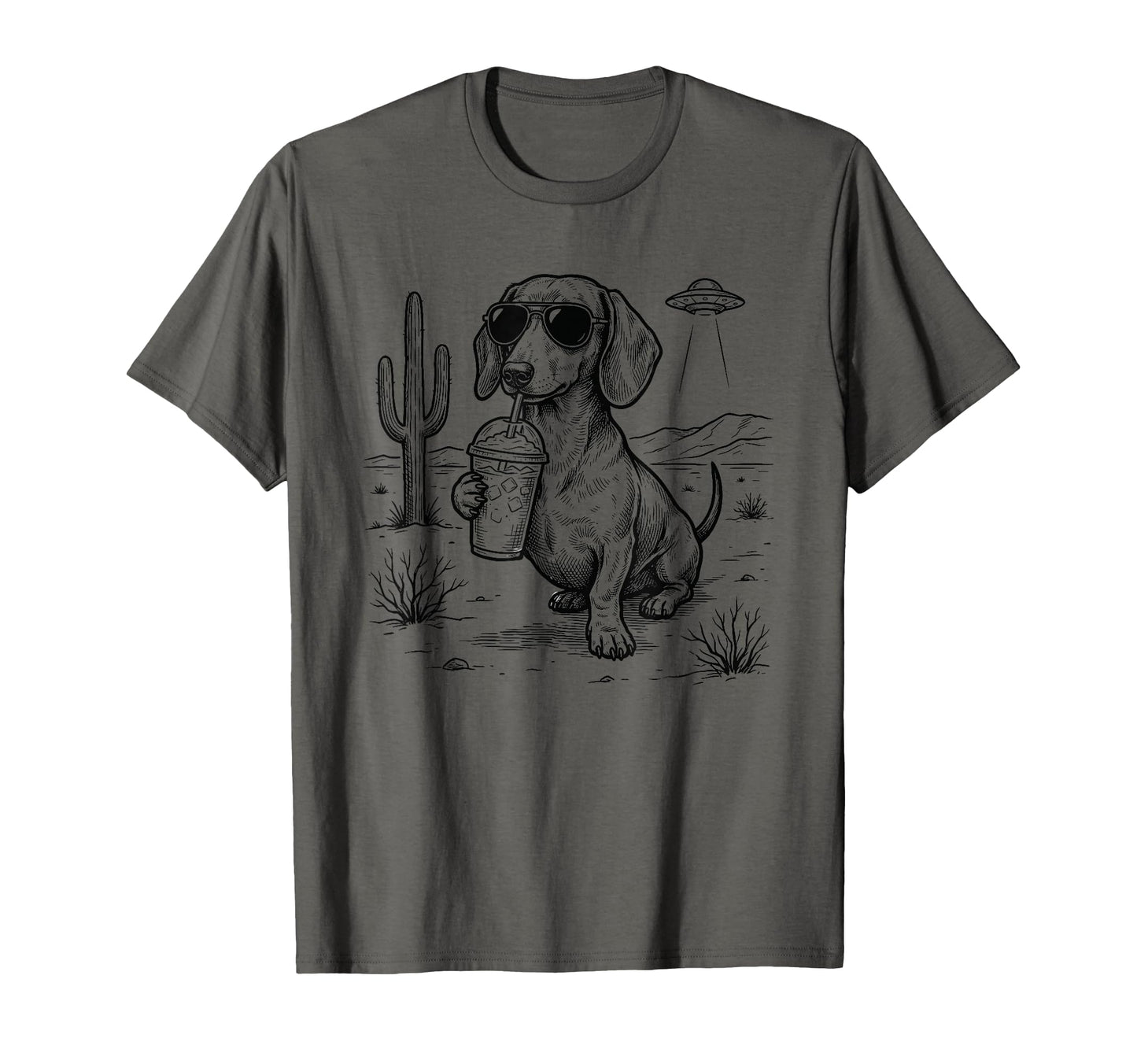 Dachshund Iced Coffee Desert Ufo T-Shirt - Fun Novelty Design for Adults - T-Shirt, Sweatshirt, Hoodie