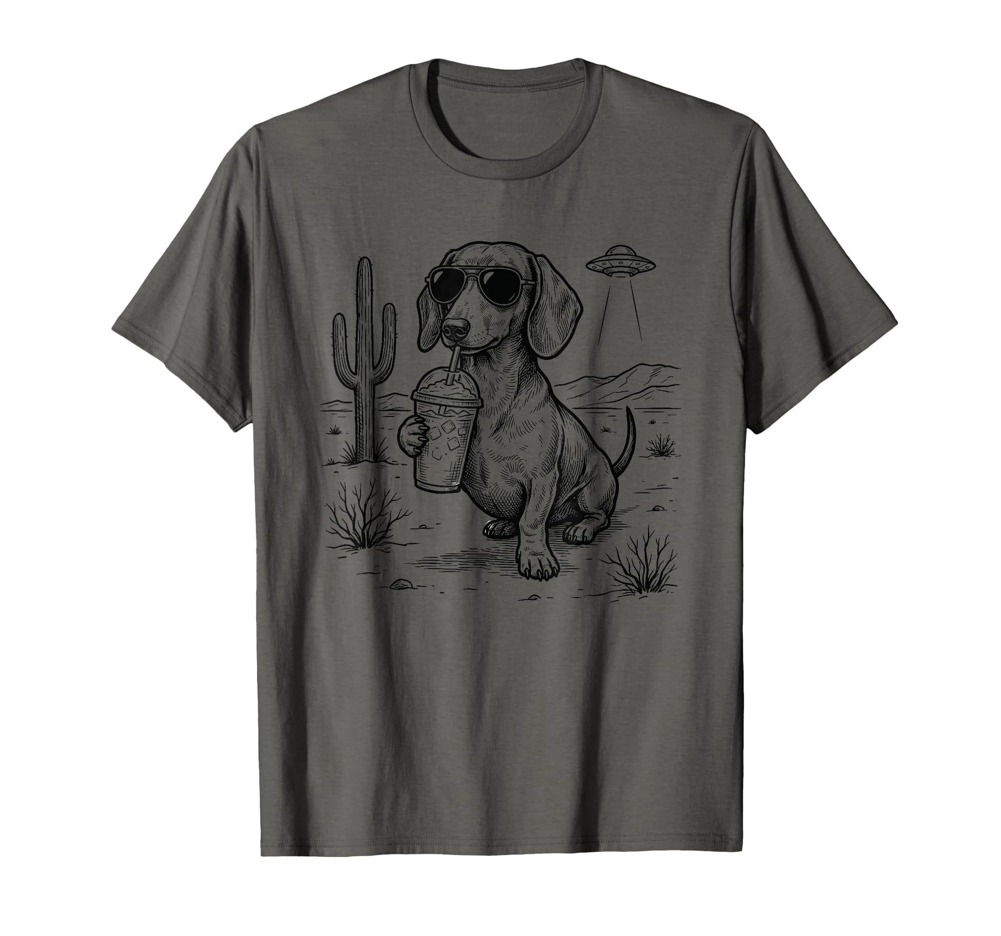 Dachshund Iced Coffee Desert Ufo T-Shirt - Fun Novelty Design for Adults - T-Shirt, Sweatshirt, Hoodie