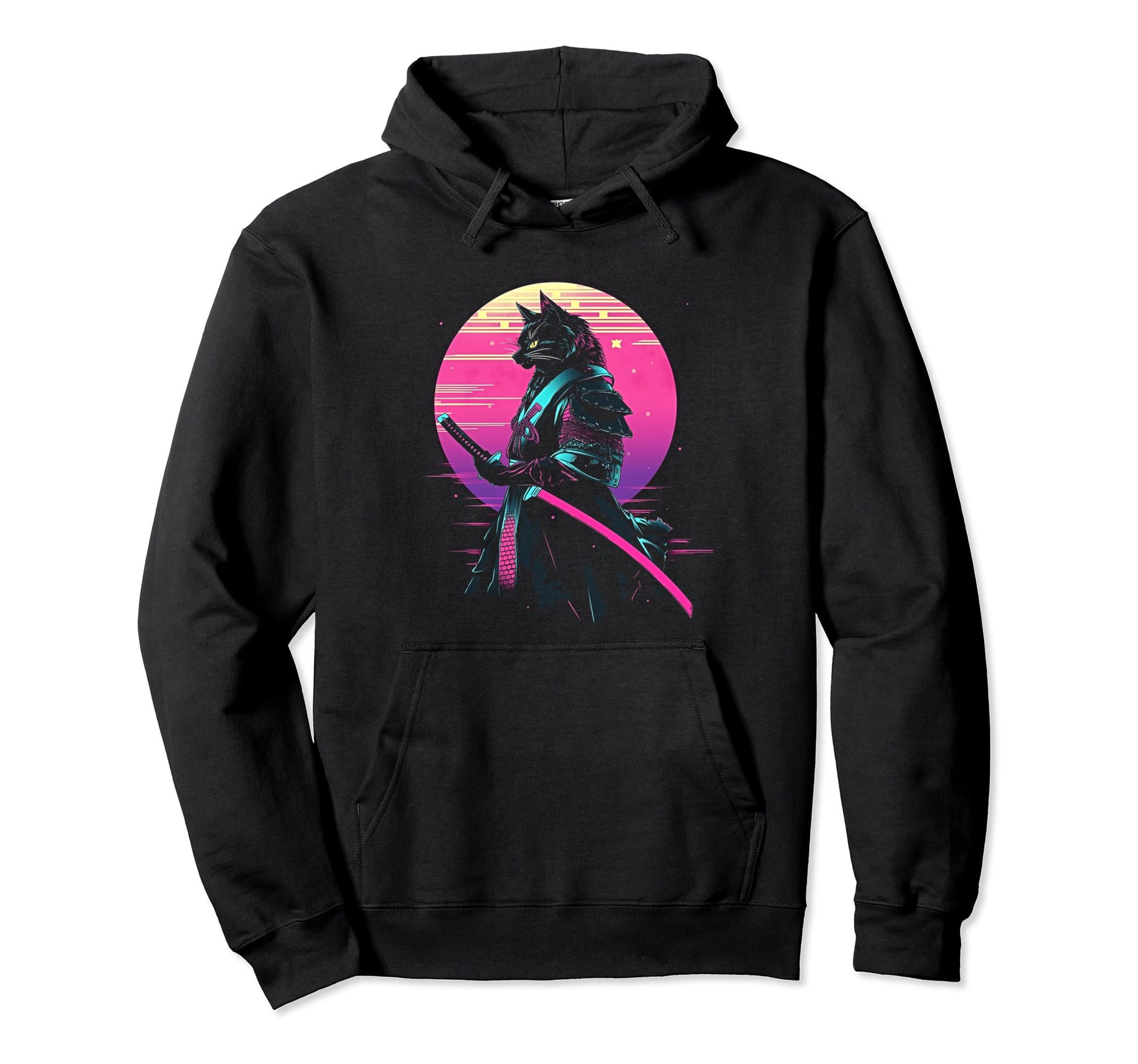 Synthwave Cat Samurai Mediation Vaporwave Hoodie - Trendy Graphic Unisex - T-Shirt, Sweatshirt, Hoodie