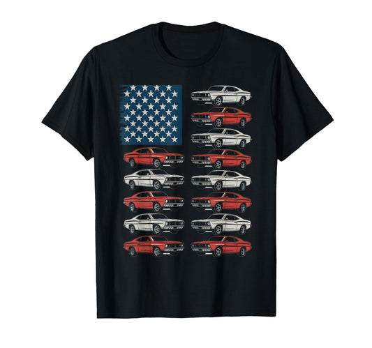 American Flag Muscle Cars Patriotic T-Shirt - Custom Art Print Unisex - T-Shirt, Sweatshirt, Hoodie