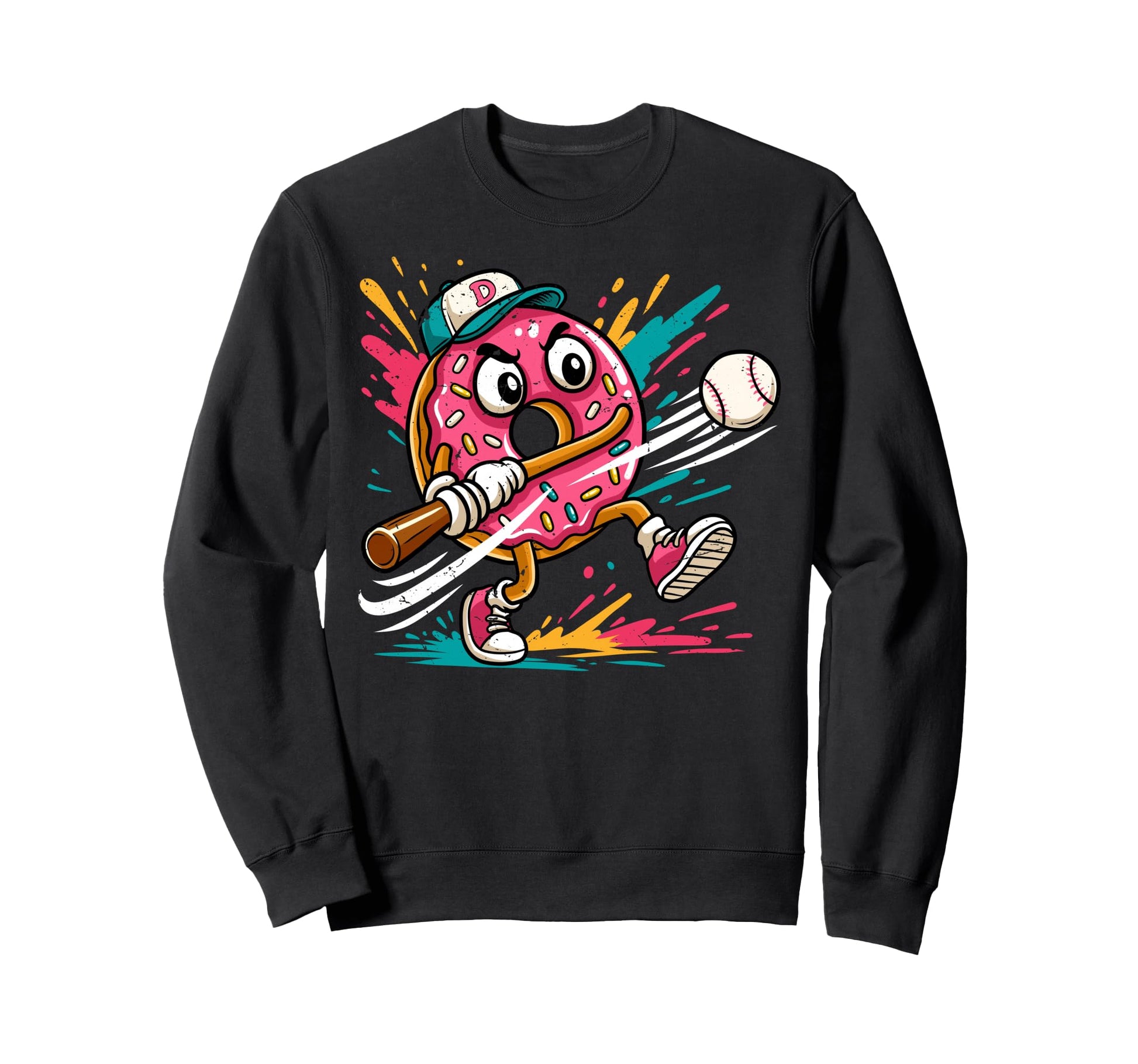 Donut Playing Baseball Doughnut Food Sweatshirt - Unique Graphic Men Women - T-Shirt, Sweatshirt, Hoodie