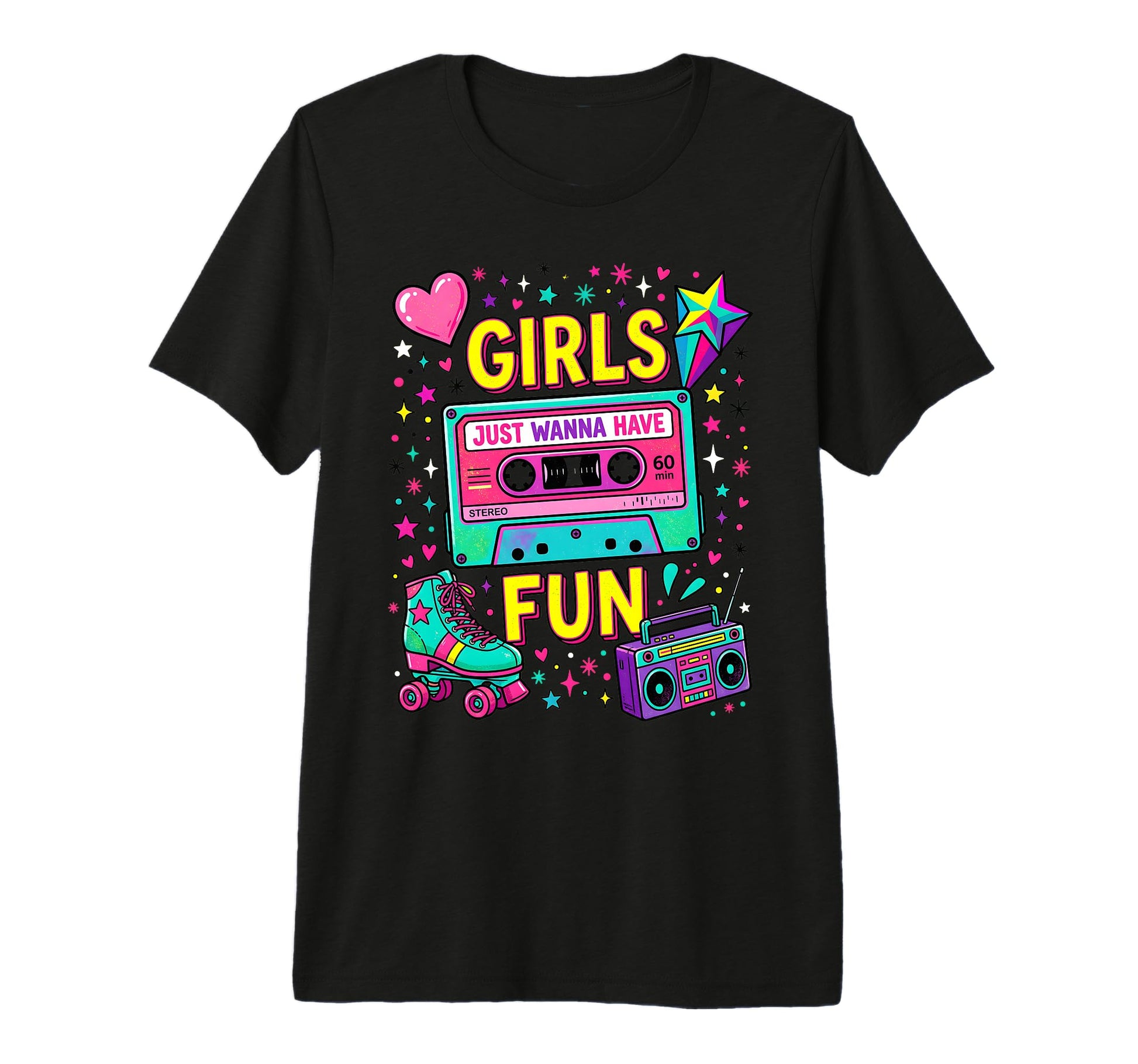 Vibrant 80S Cassette Tape And Roller Skate T-Shirt - Graphic Print Unisex - T-Shirt, Sweatshirt, Hoodie