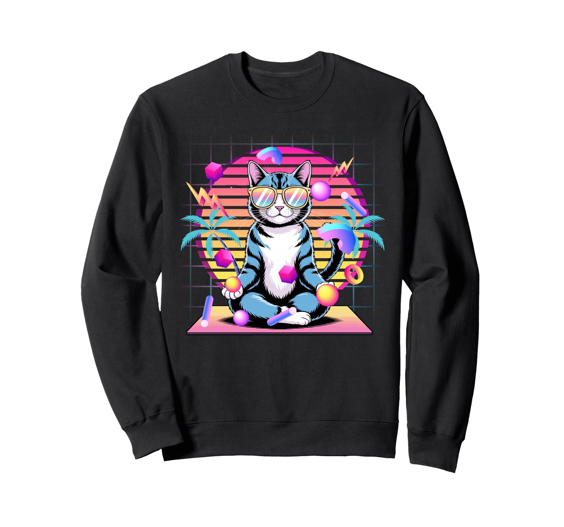 Cat Meditating Vaporwave 80S Sweatshirt - Novelty Apparel for Adults - T-Shirt, Sweatshirt, Hoodie
