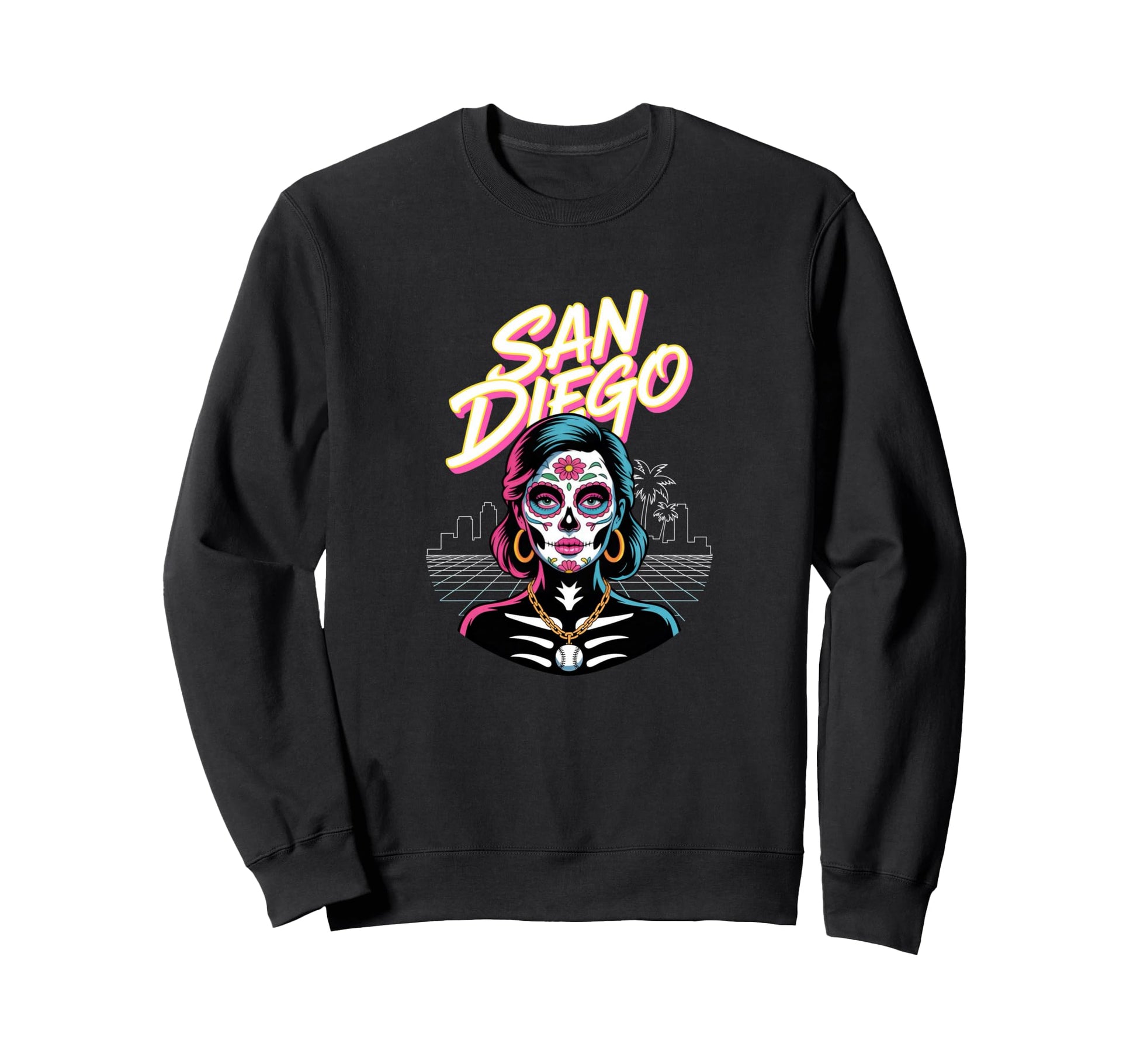 San Diego Sugar Skull Synthwave Sweatshirt - Minimalist Print for Adults - T-Shirt, Sweatshirt, Hoodie