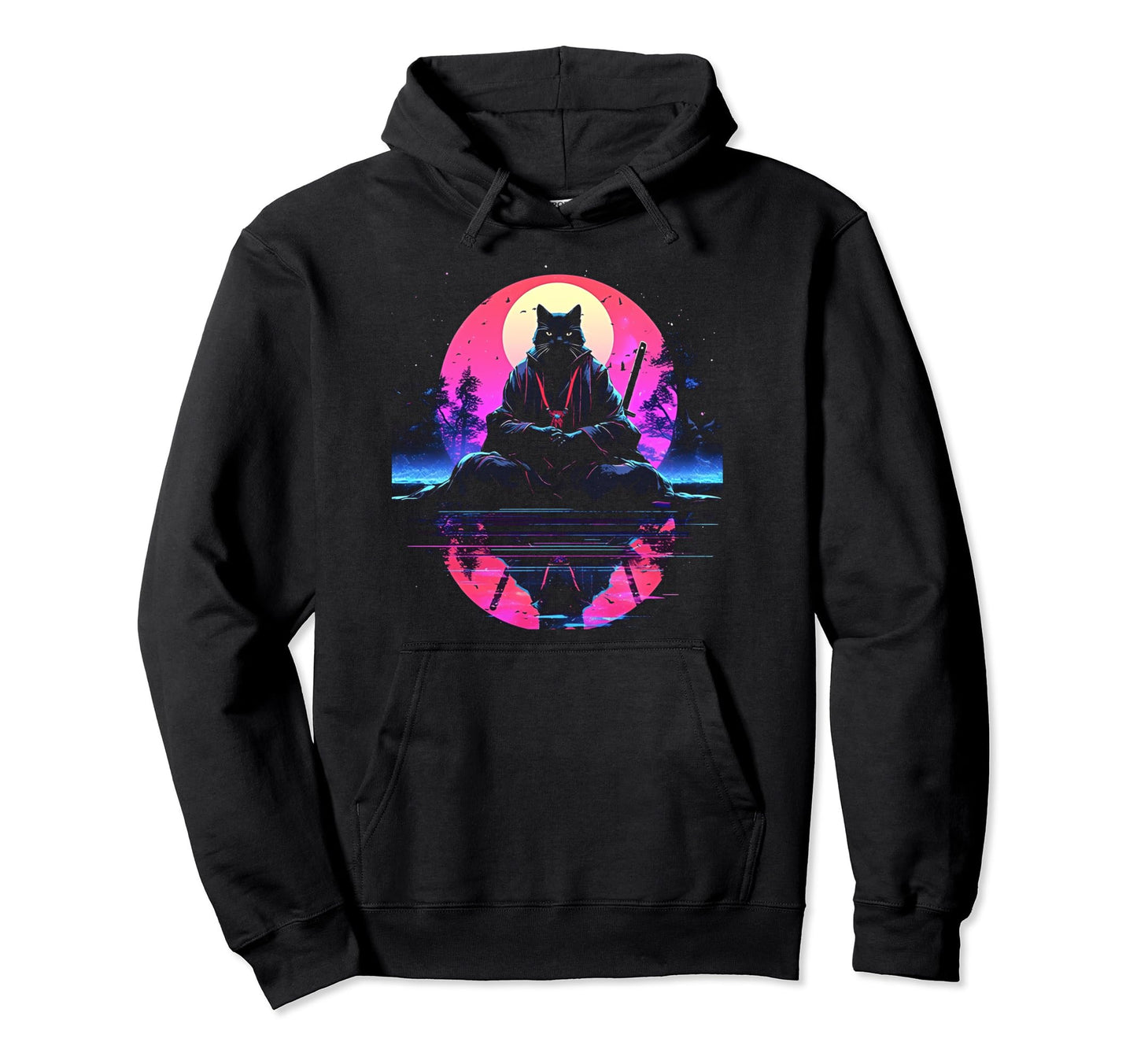 Synthwave Cat Samurai Mediation Hoodie - Novelty Apparel for Adults - T-Shirt, Sweatshirt, Hoodie
