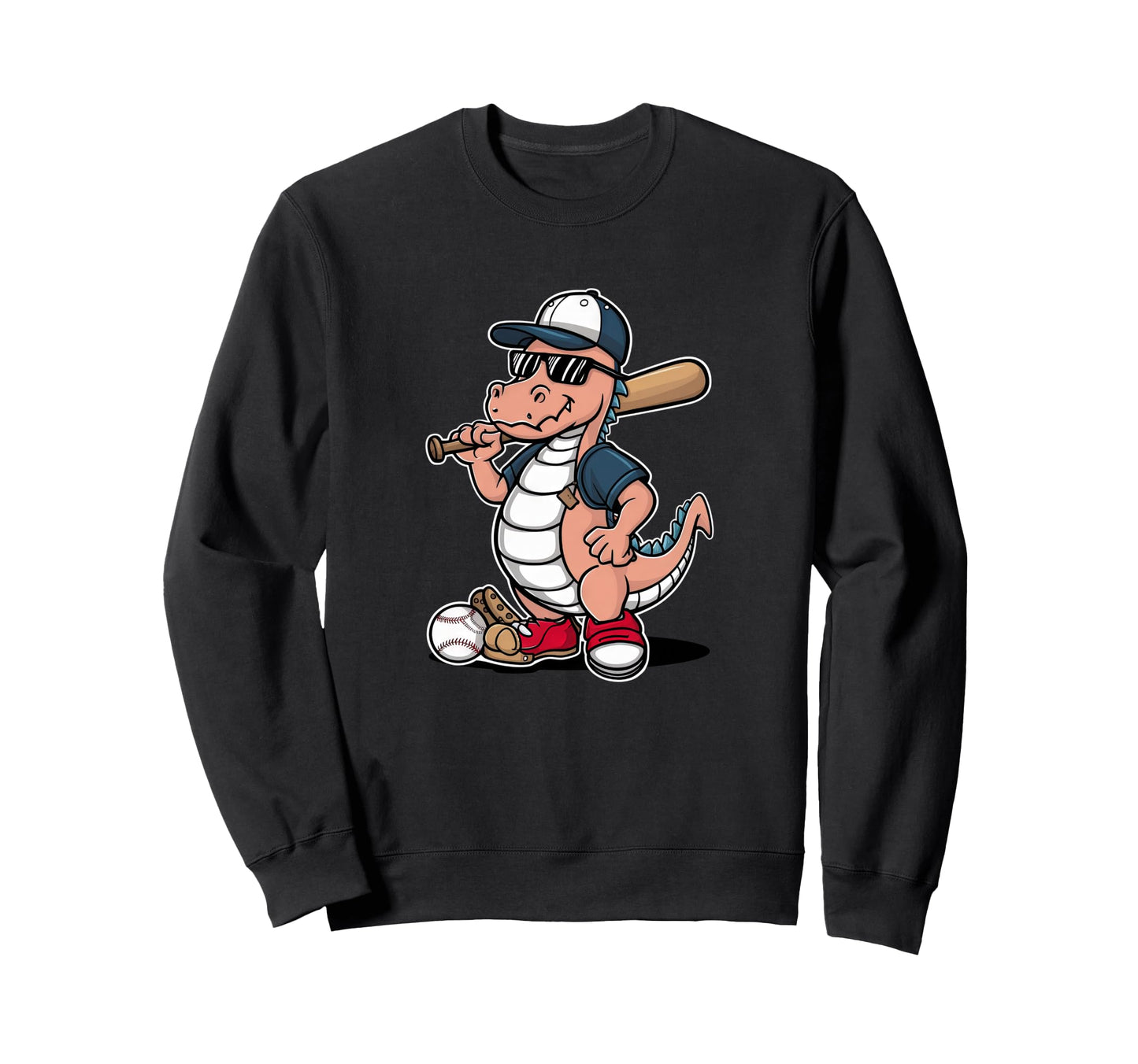 Baseball Dinosaur Cartoon Sports Fan Sweatshirt - Unique Graphic Men Women - T-Shirt, Sweatshirt, Hoodie