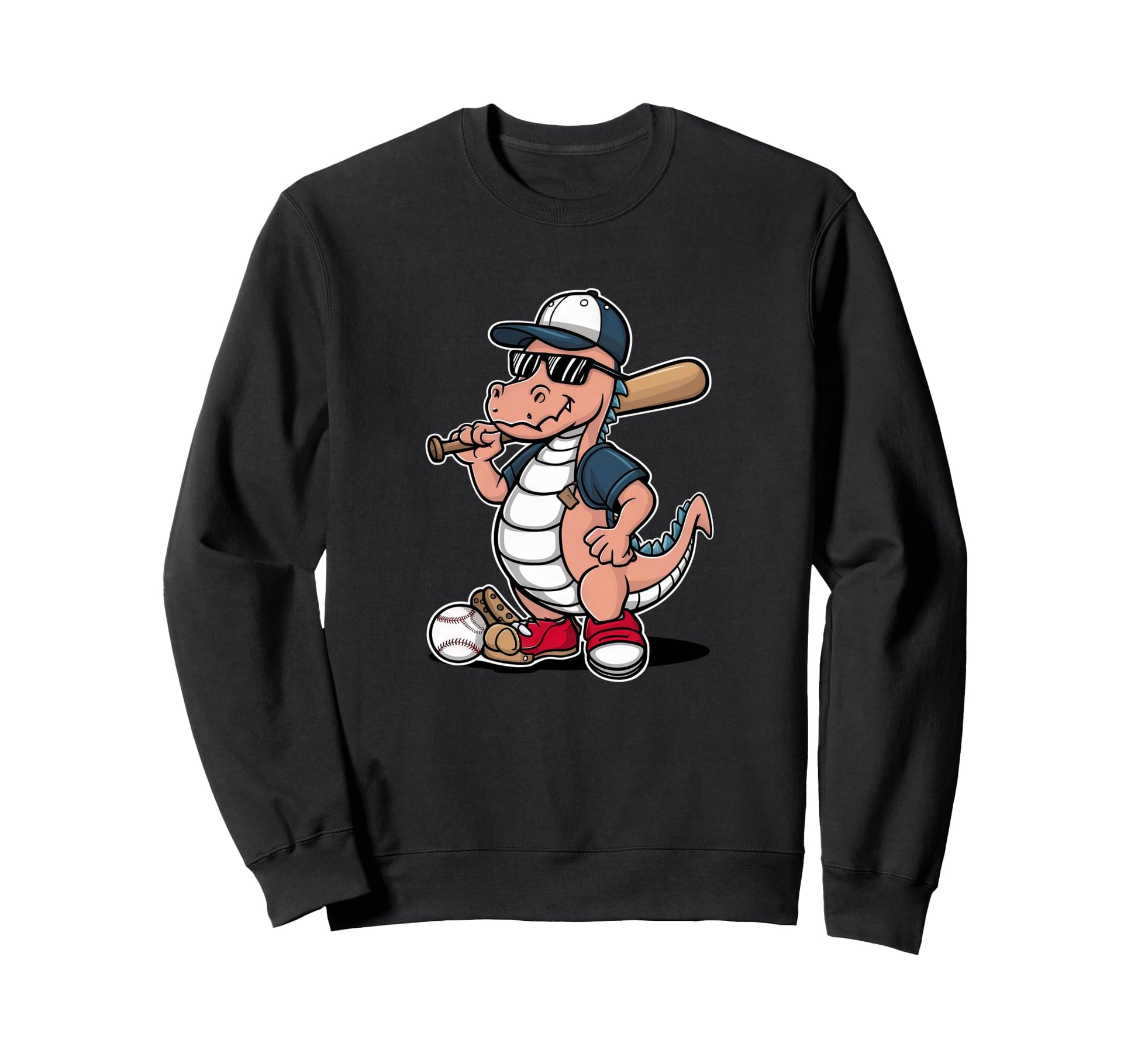 Baseball Dinosaur Cartoon Sports Fan Sweatshirt - Unique Graphic Men Women - T-Shirt, Sweatshirt, Hoodie