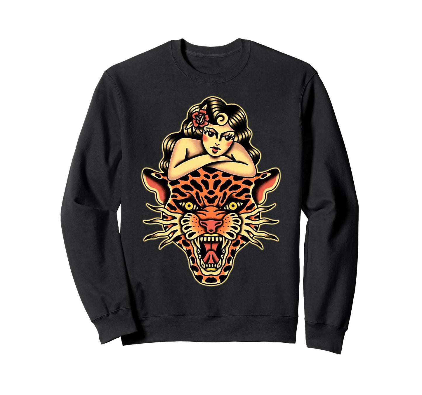 Pin Up X Tiger Traditional Tattoo Flash Sweatshirt - Trendy Graphic Unisex - T-Shirt, Sweatshirt, Hoodie