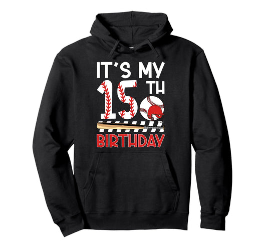 15Th Baseball Birthday Party 15 Year Hoodie - Minimalist Print for Adults - T-Shirt, Sweatshirt, Hoodie