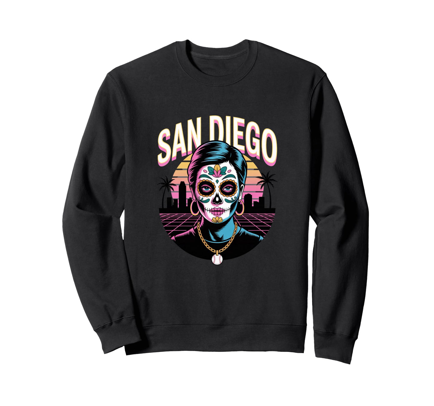 San Diego Sugar Skull Synthwave Sweatshirt - Custom Art Print Men Women - T-Shirt, Sweatshirt, Hoodie