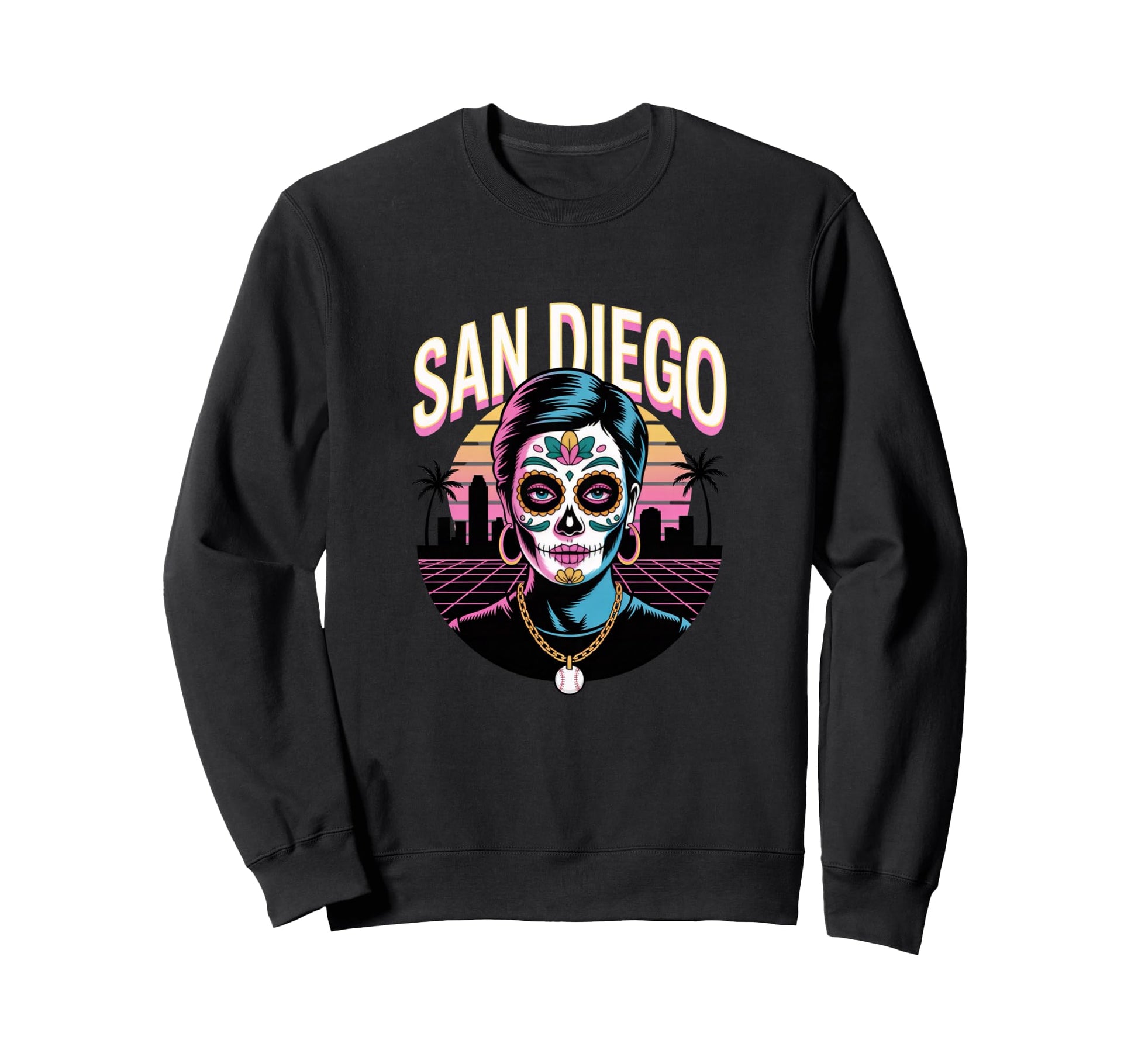San Diego Sugar Skull Synthwave Sweatshirt - Custom Art Print Men Women - T-Shirt, Sweatshirt, Hoodie