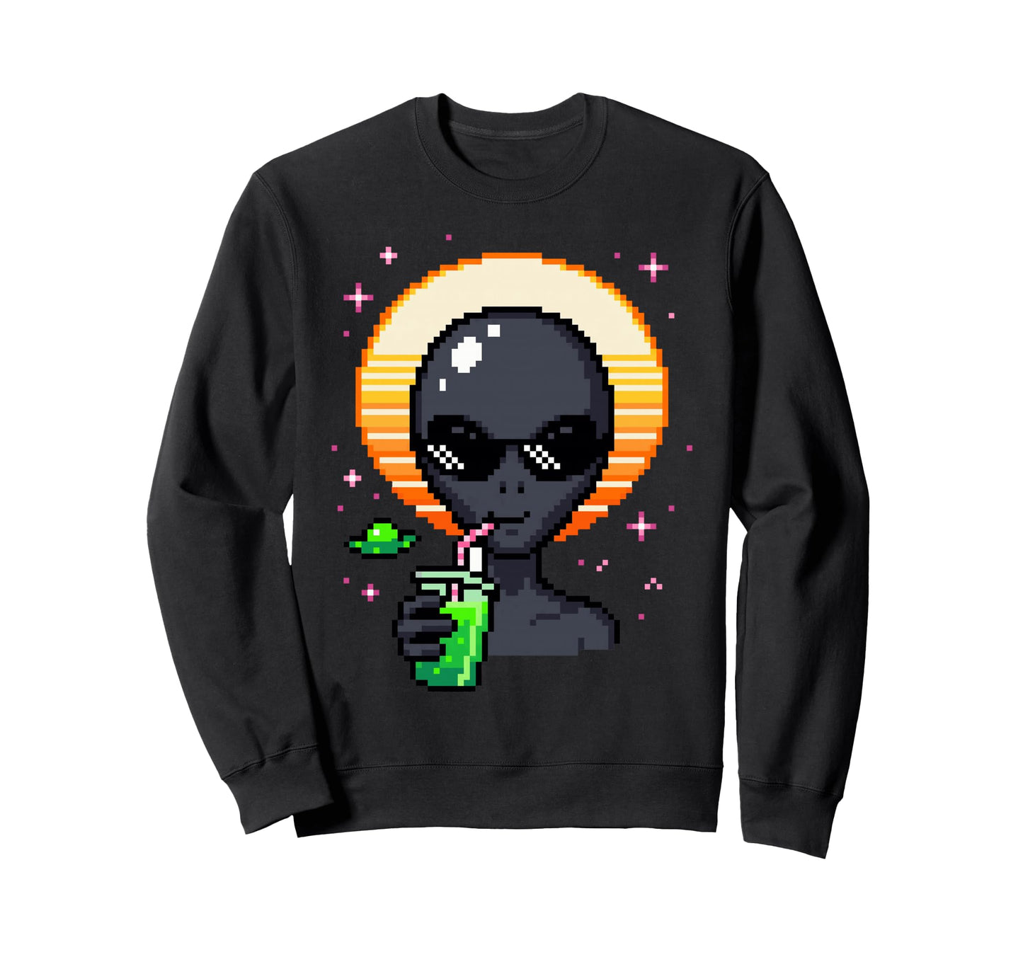 Alien Pixel Art Space Drink Synthwave Sweatshirt - Minimalist Print Unisex - T-Shirt, Sweatshirt, Hoodie