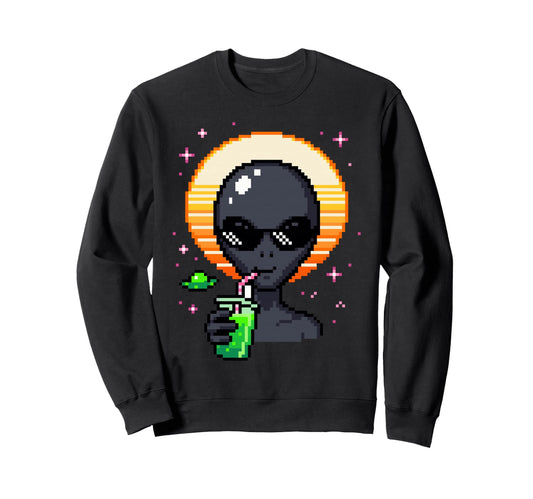 Alien Pixel Art Space Drink Synthwave Sweatshirt - Minimalist Print Unisex - T-Shirt, Sweatshirt, Hoodie