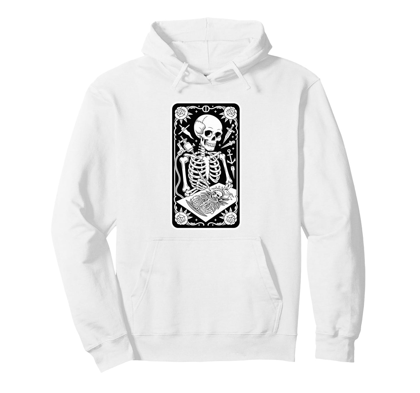 Inked Skeleton Tattoo Artist Tarot Hoodie - Fun Novelty Design for Adults - T-Shirt, Sweatshirt, Hoodie