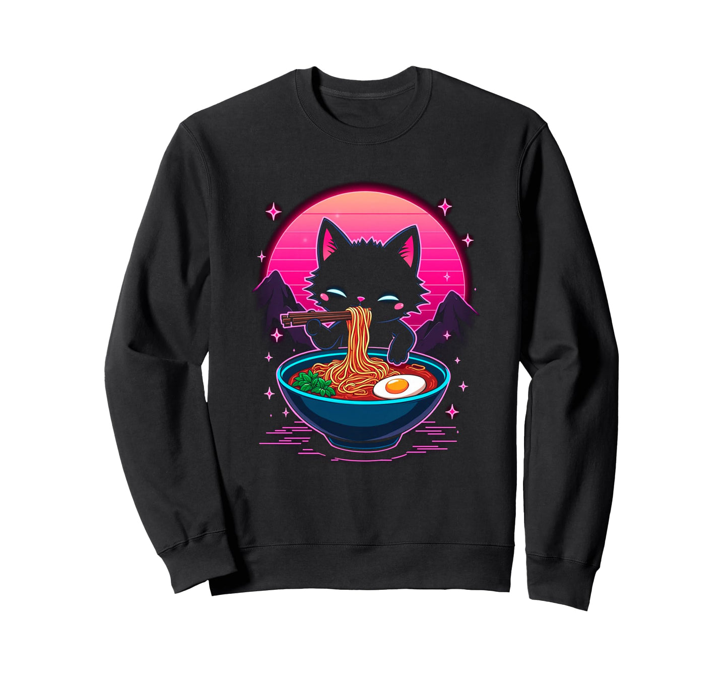 Synthwave Cat Ramen Anime Noodle Sweatshirt - Unique Graphic Unisex - T-Shirt, Sweatshirt, Hoodie