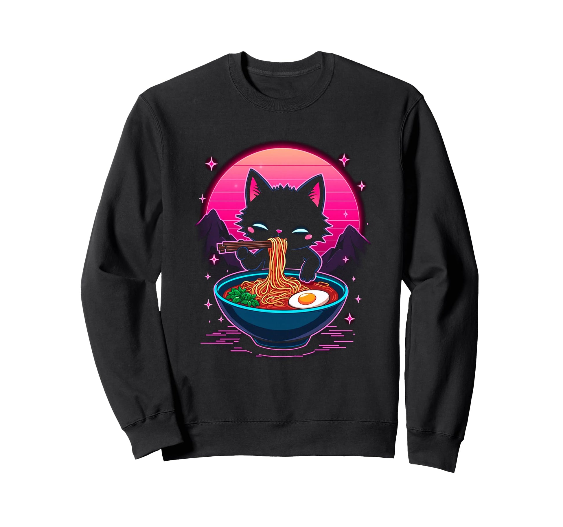 Synthwave Cat Ramen Anime Noodle Sweatshirt - Unique Graphic Unisex - T-Shirt, Sweatshirt, Hoodie