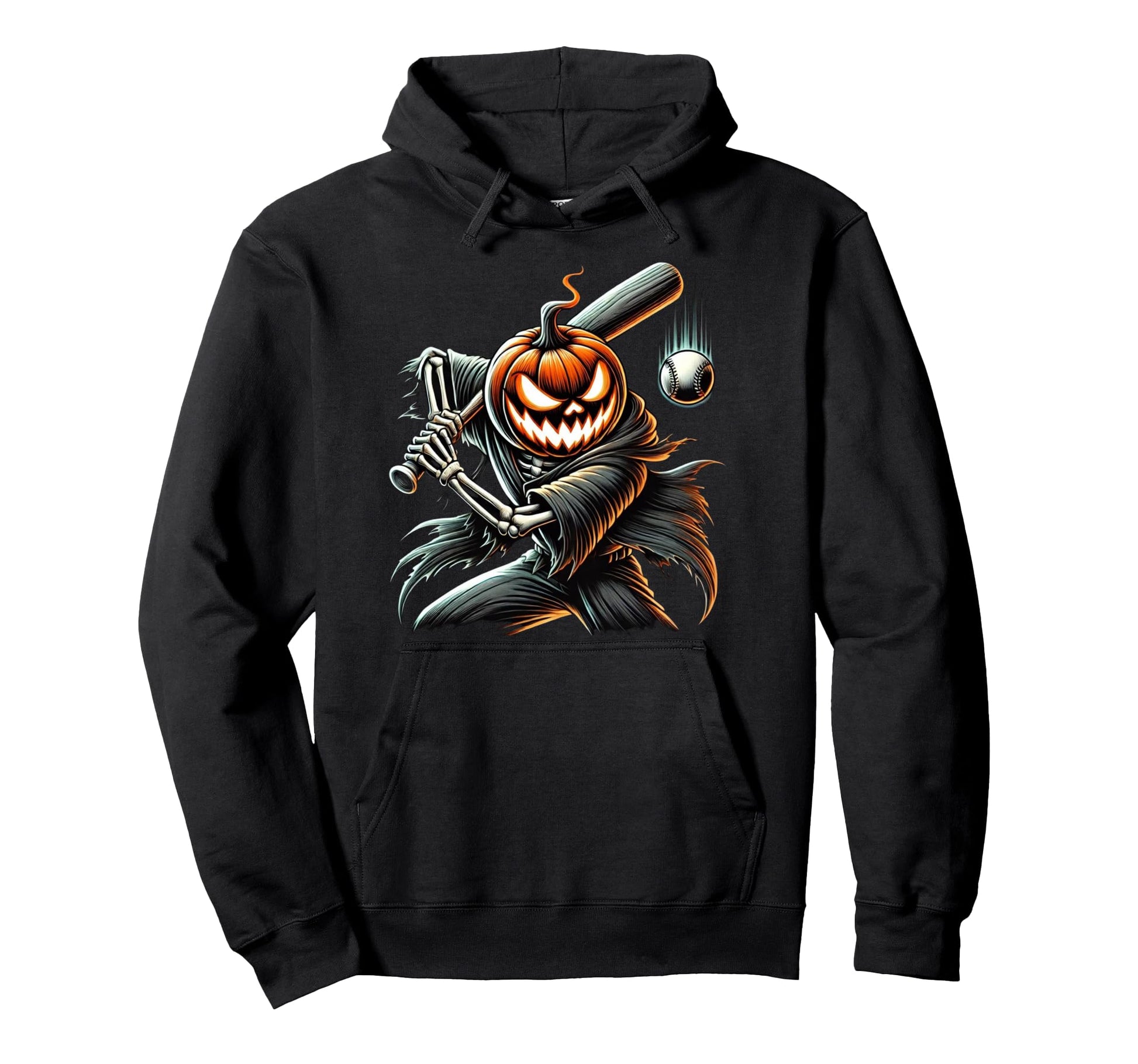 Skeleton Baseball Player Pumpkin Head Hoodie - Graphic Print for Adults - T-Shirt, Sweatshirt, Hoodie