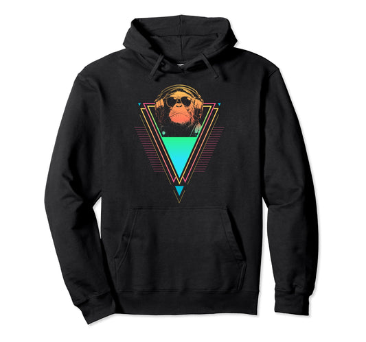 1980S 1990S Synthwave Chimpanzee Hoodie - Fun Novelty Design for Adults - T-Shirt, Sweatshirt, Hoodie