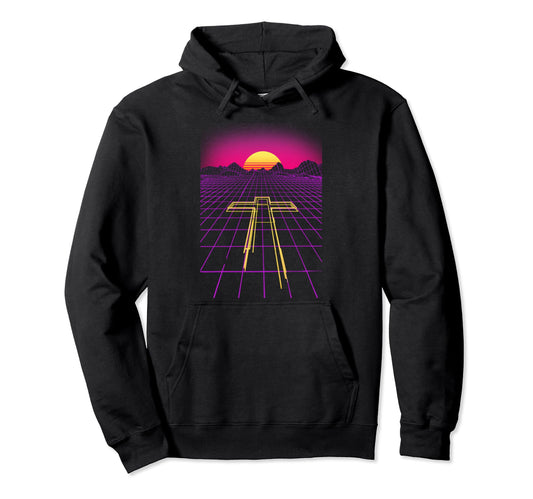 80S Synthwave Cross Neon Outrun Hoodie - Casual Everyday Wear Men Women - T-Shirt, Sweatshirt, Hoodie