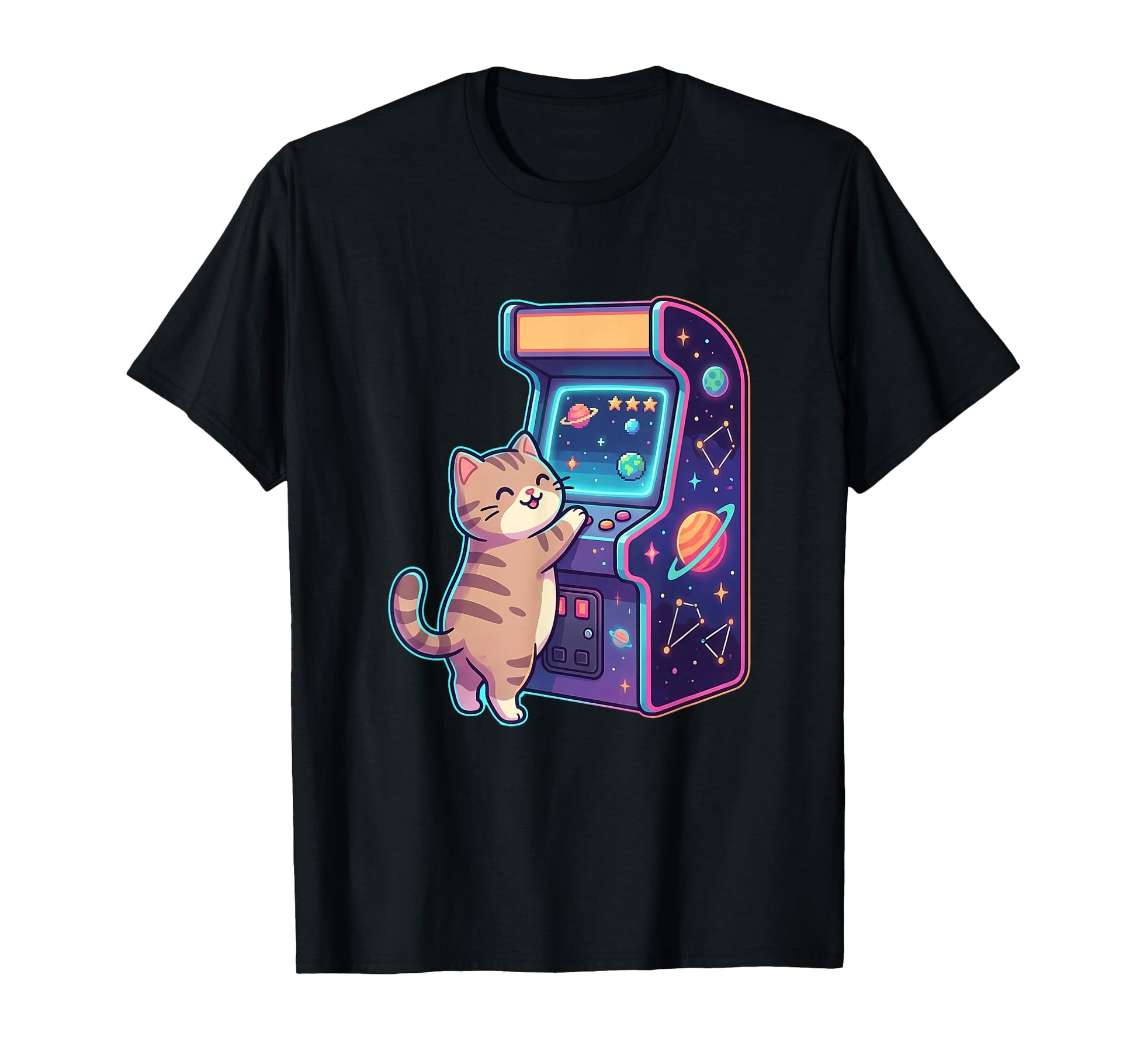 Cat Playing Space Arcade Illustration T-Shirt - Novelty Apparel for Adults - T-Shirt, Sweatshirt, Hoodie