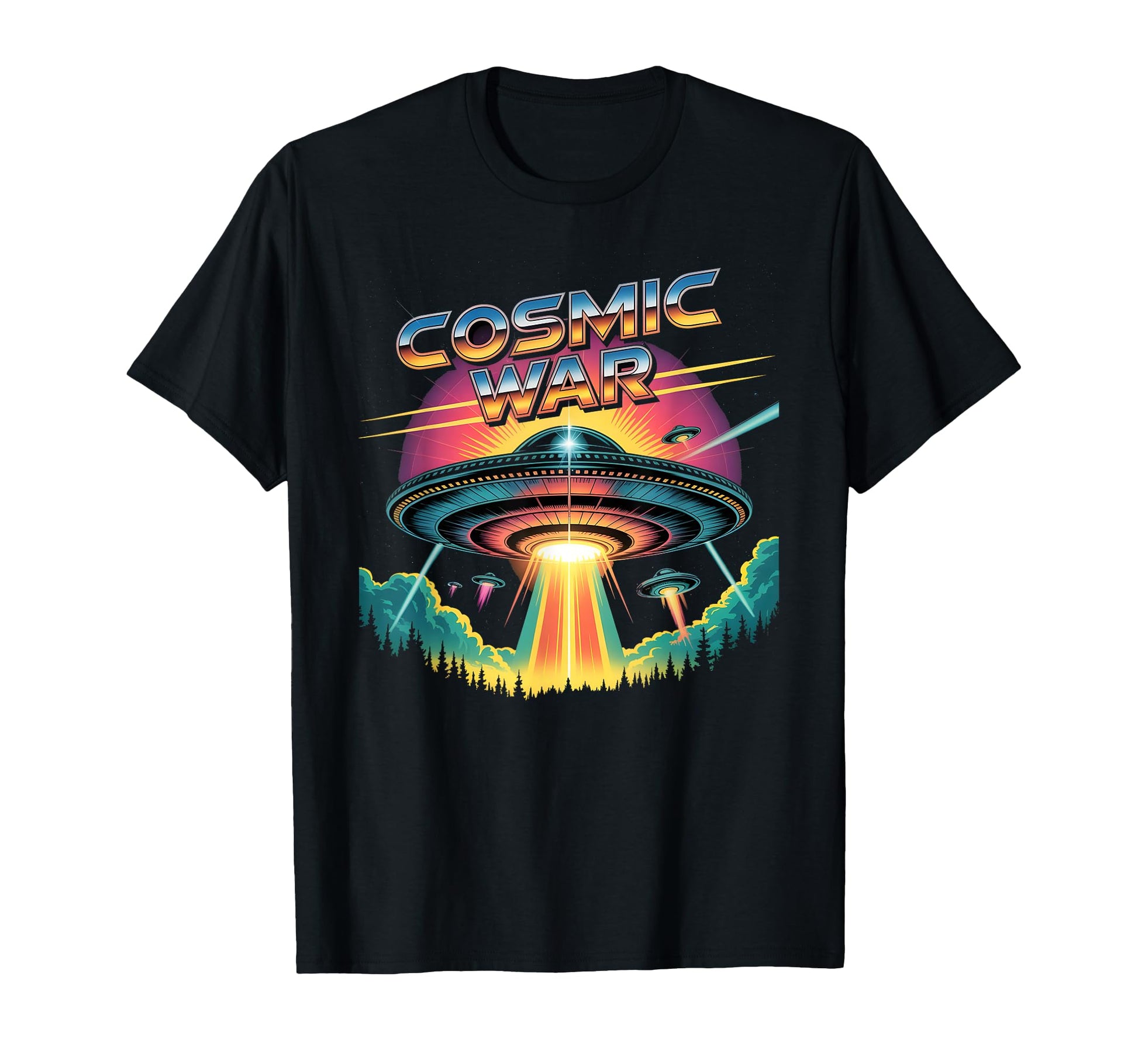 Cosmic War 80S Synthwave Ufo Alien T-Shirt - Novelty Apparel Unisex - T-Shirt, Sweatshirt, Hoodie